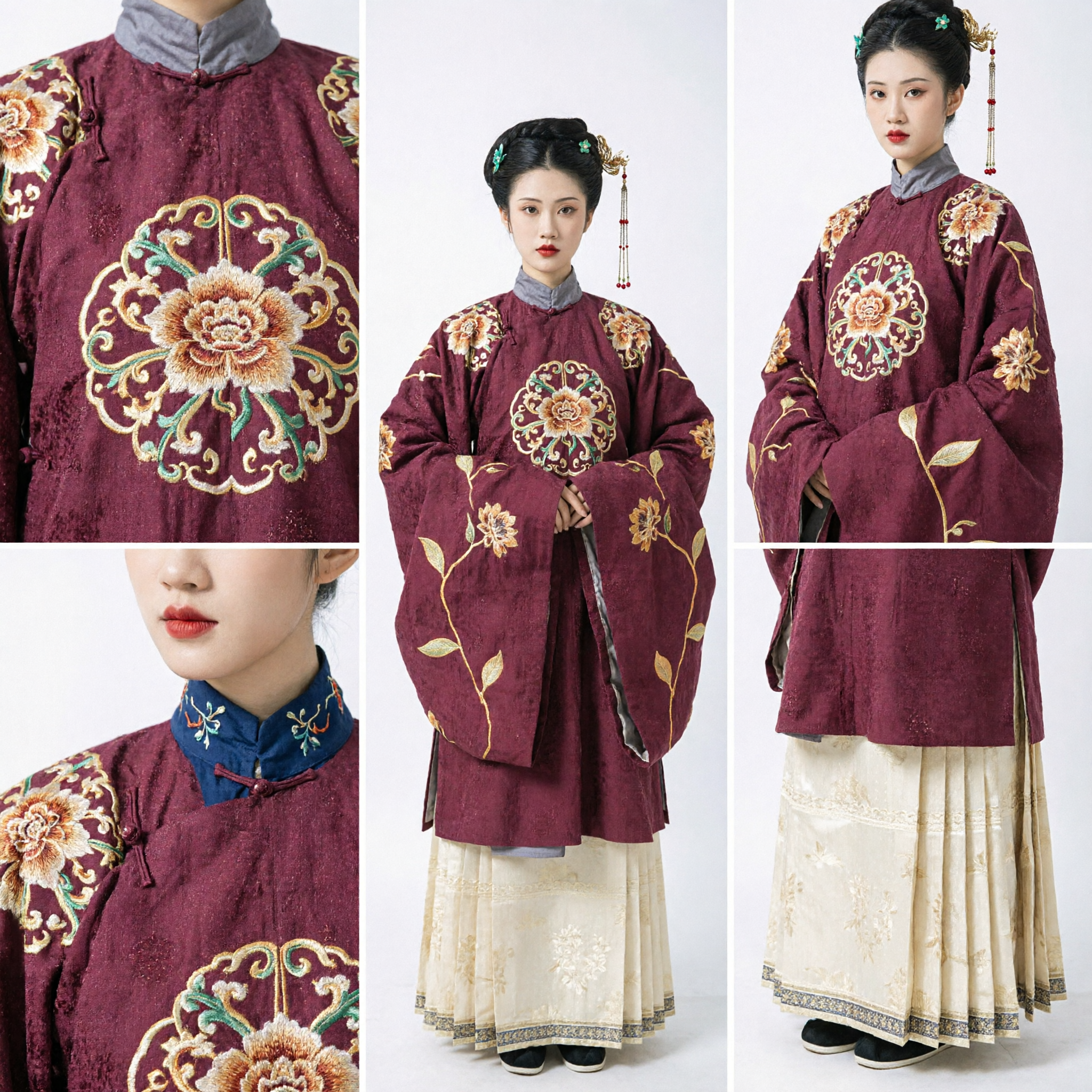 Tradycyjny strój Hanfu z dynastii Ming dla kobiet, bordowa kwiatowa haftowana starożytna szata - Asian Costume