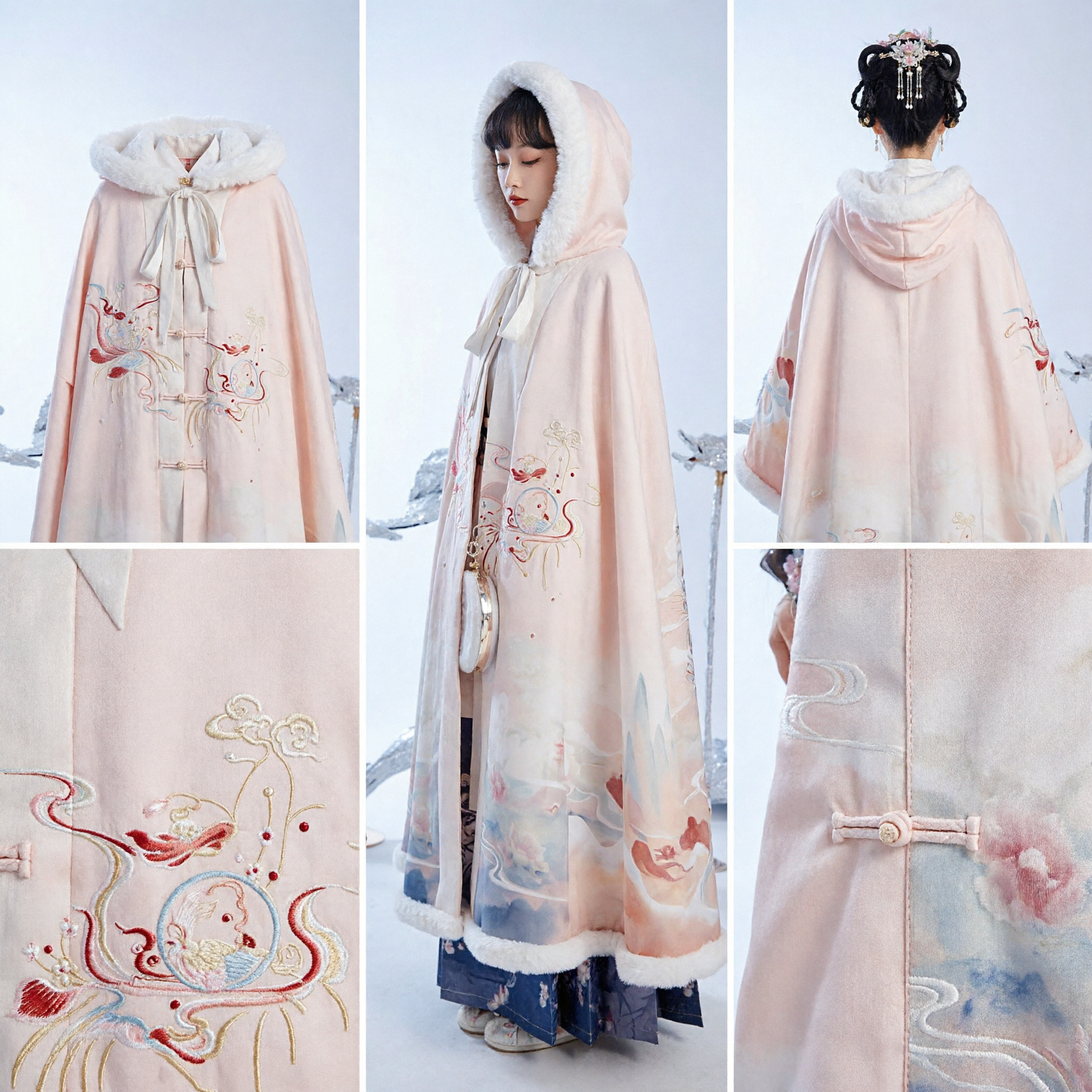 Traditioneller chinesischer Hanfu-Wintercape-Umhang mit Stickerei und Pelzverbrämung antikes Feenkostüm für Frauen - Asian Costume