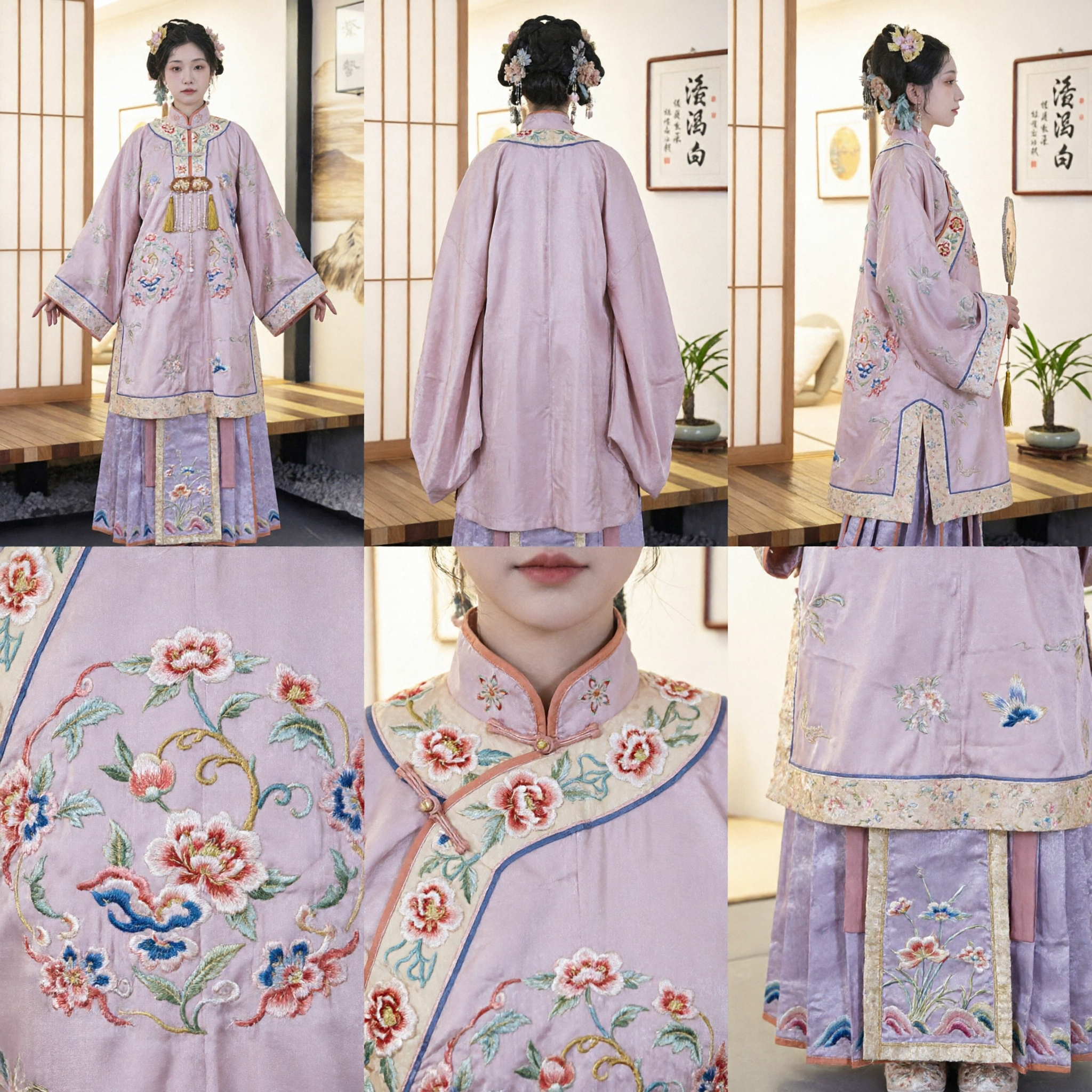 Traditionelles chinesisches Hanfu Ming-Dynastie-Kostüm für Frauen, rosa besticktes Gewand und lila Plisseerock-Set - Asian Costume
