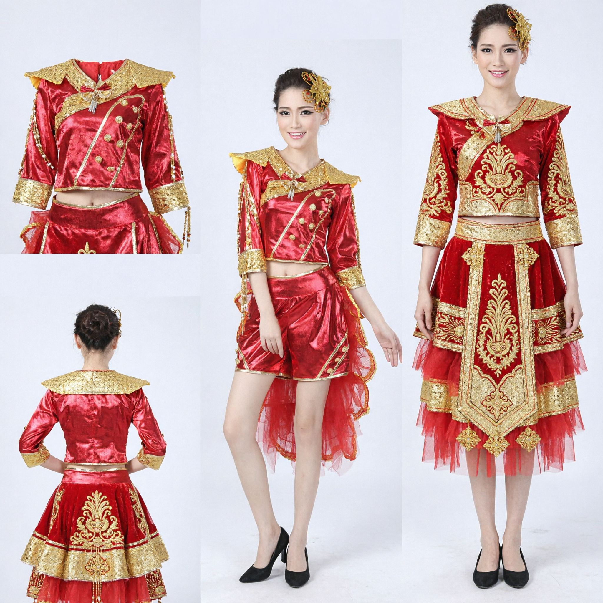 Rode en gouden Chinese danskostuum voor vrouwen voor podiumoptredens en traditionele volksdans Yangge-trommeldans - Asian Costume
