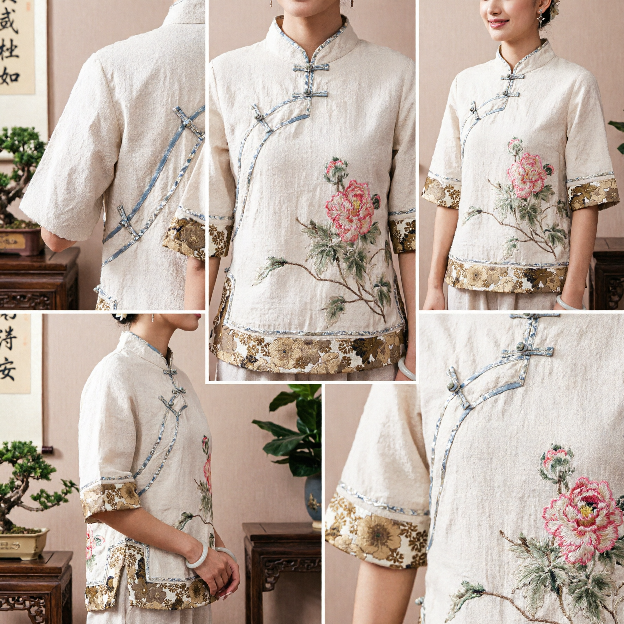 Women's Traditional Chinese Tang Suit Top Floral Embroidered Mandarin Collar Linen Blouse for Summer - Asian Costume
