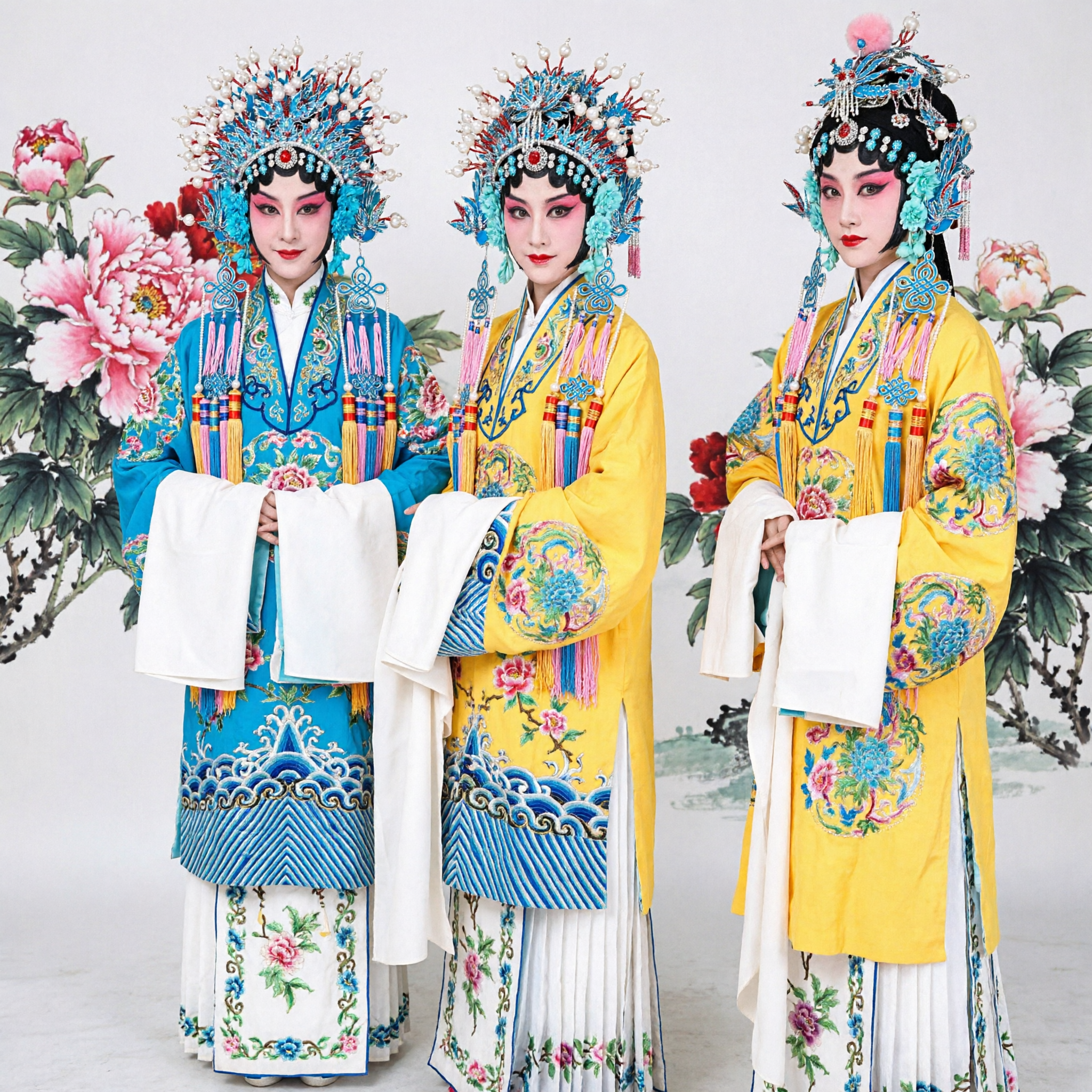Traditionelles chinesisches Peking-Oper-Kostüm für Mädchen, gelbes besticktes Tanzkleid mit Kopfschmuck und Fächern - Asian Costume