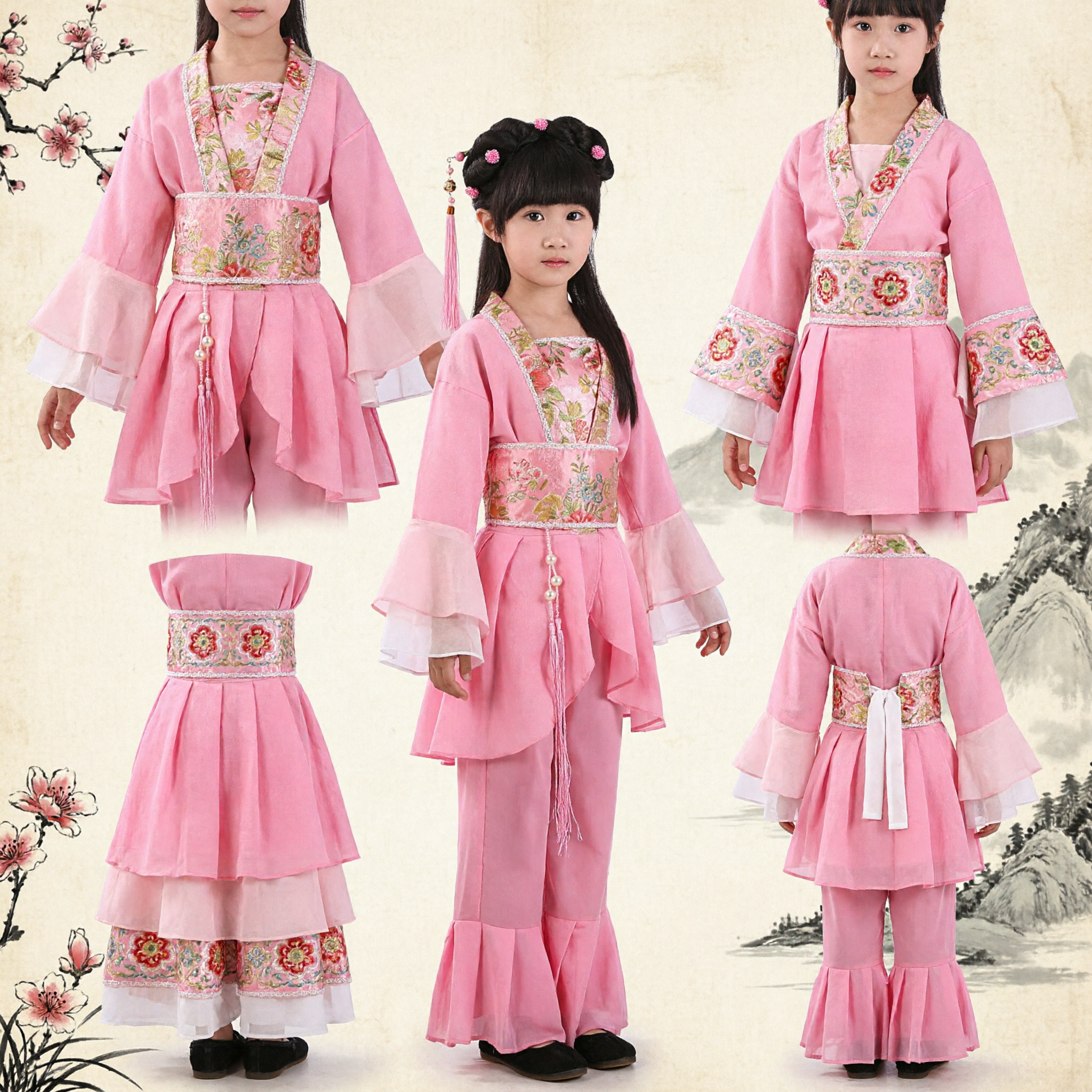 Traditioneel Chinese roze Hanfu danskostuum voor meisjes, oude stijl volksoptredens outfit met bloemenborduursel - Asian Costume