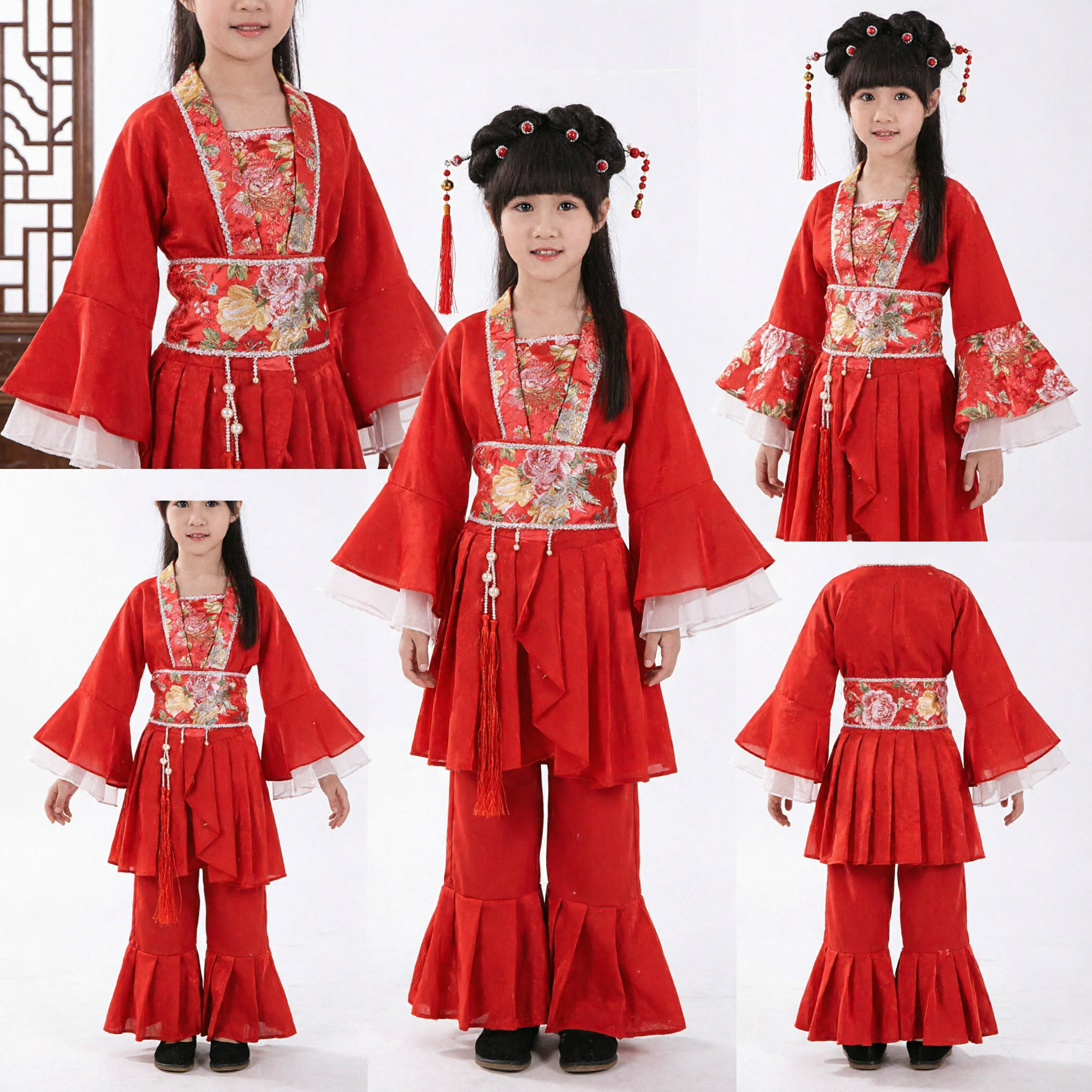 Meisjes rode Chinese traditionele Hanfu-kostuum, oud prinsessenjurk kinderen dansoptredens outfit set - Asian Costume