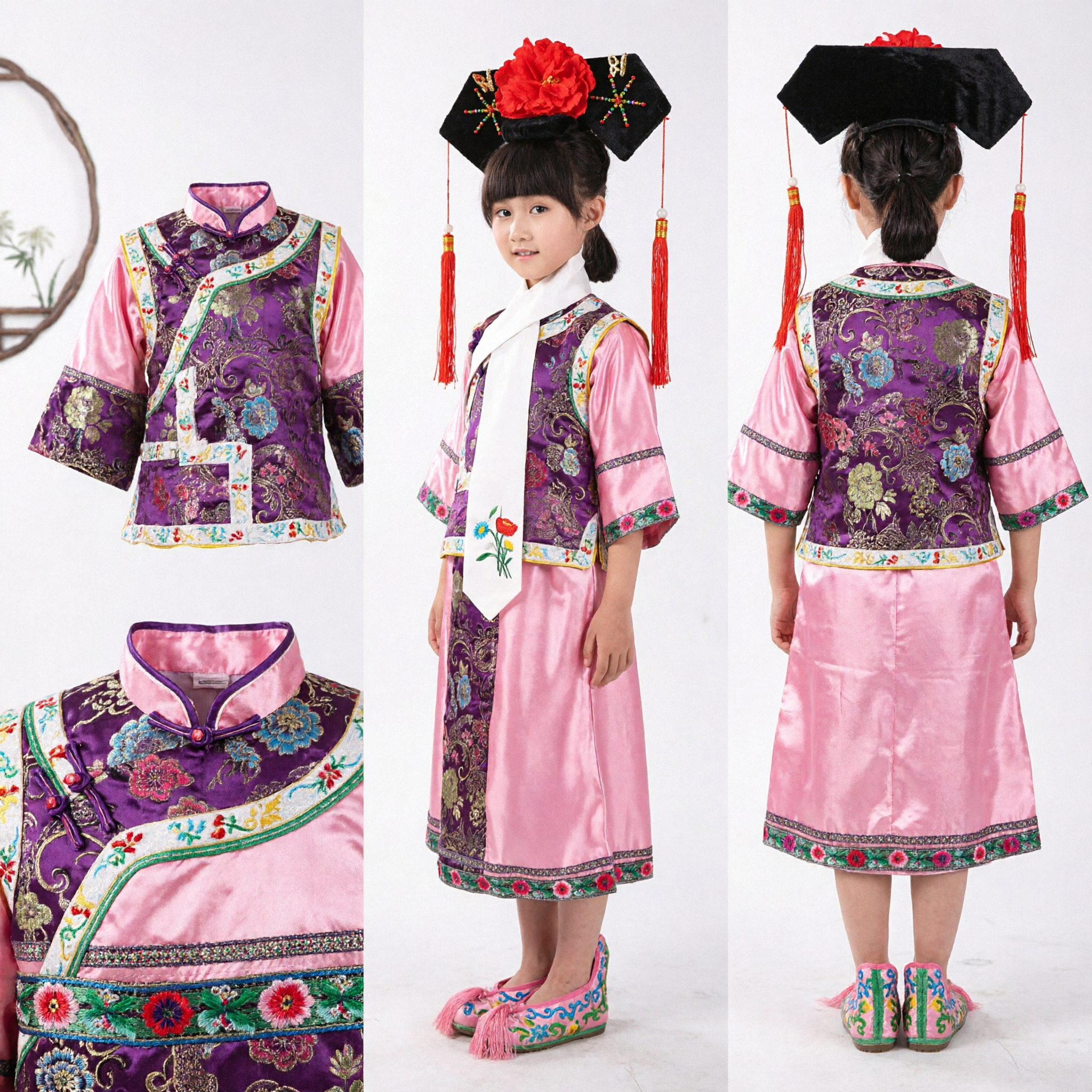 Traje de Princesa da Dinastia Qing Chinês Tradicional para Meninas, Vestido Rosa Gege Bordado para Performance - Asian Costume
