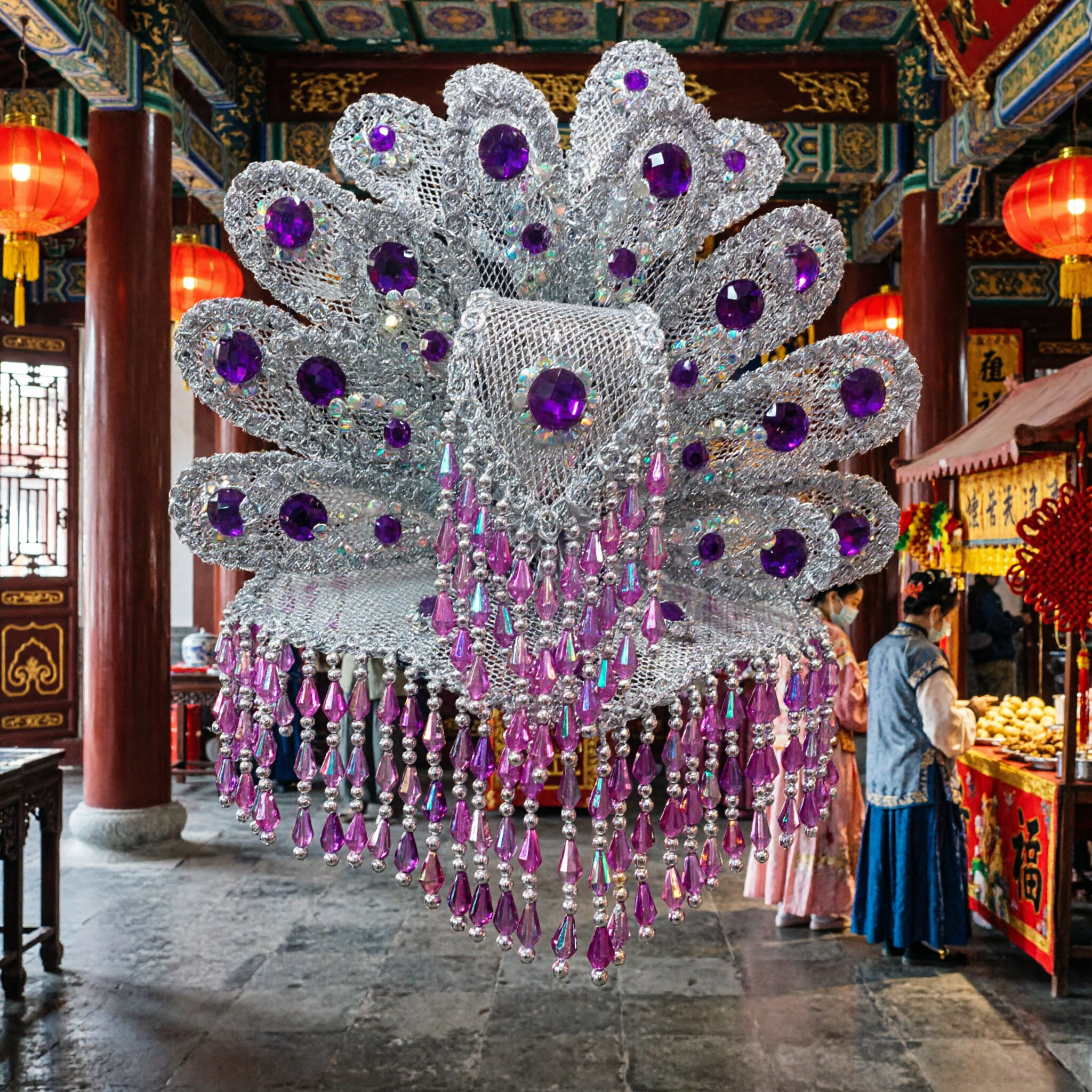 Impresionante Tocado de Pavo Real Púrpura y Plateado con Rhinestones y Flecos de Cuentas para Carnaval y Danza Escénica - Asian Costume
