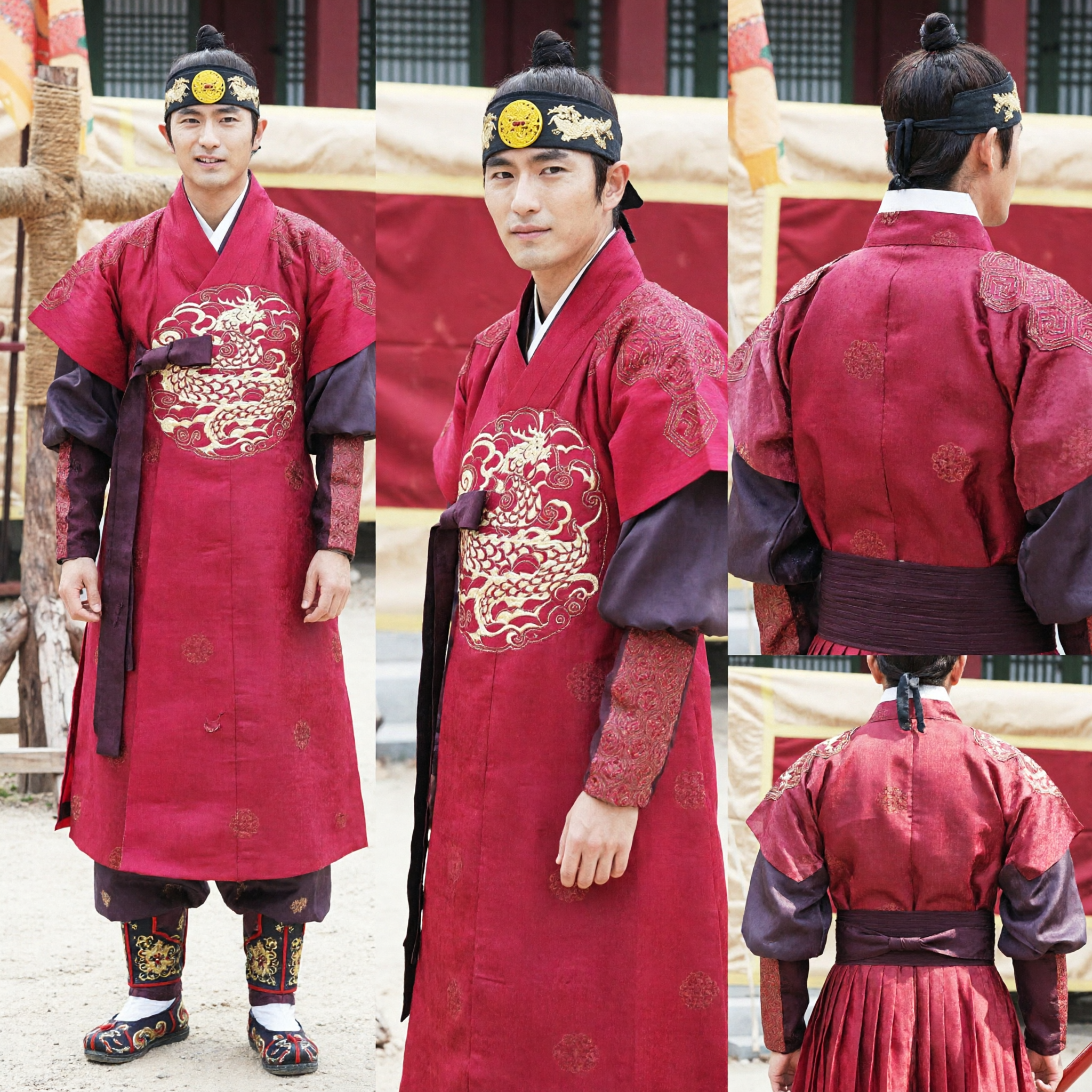 Rotes koreanisches traditionelles königliches Hanbok-Königskostüm für Männer mit goldener Drachenstickerei für historisches Cosplay und Veranstaltungen - Asian Costume