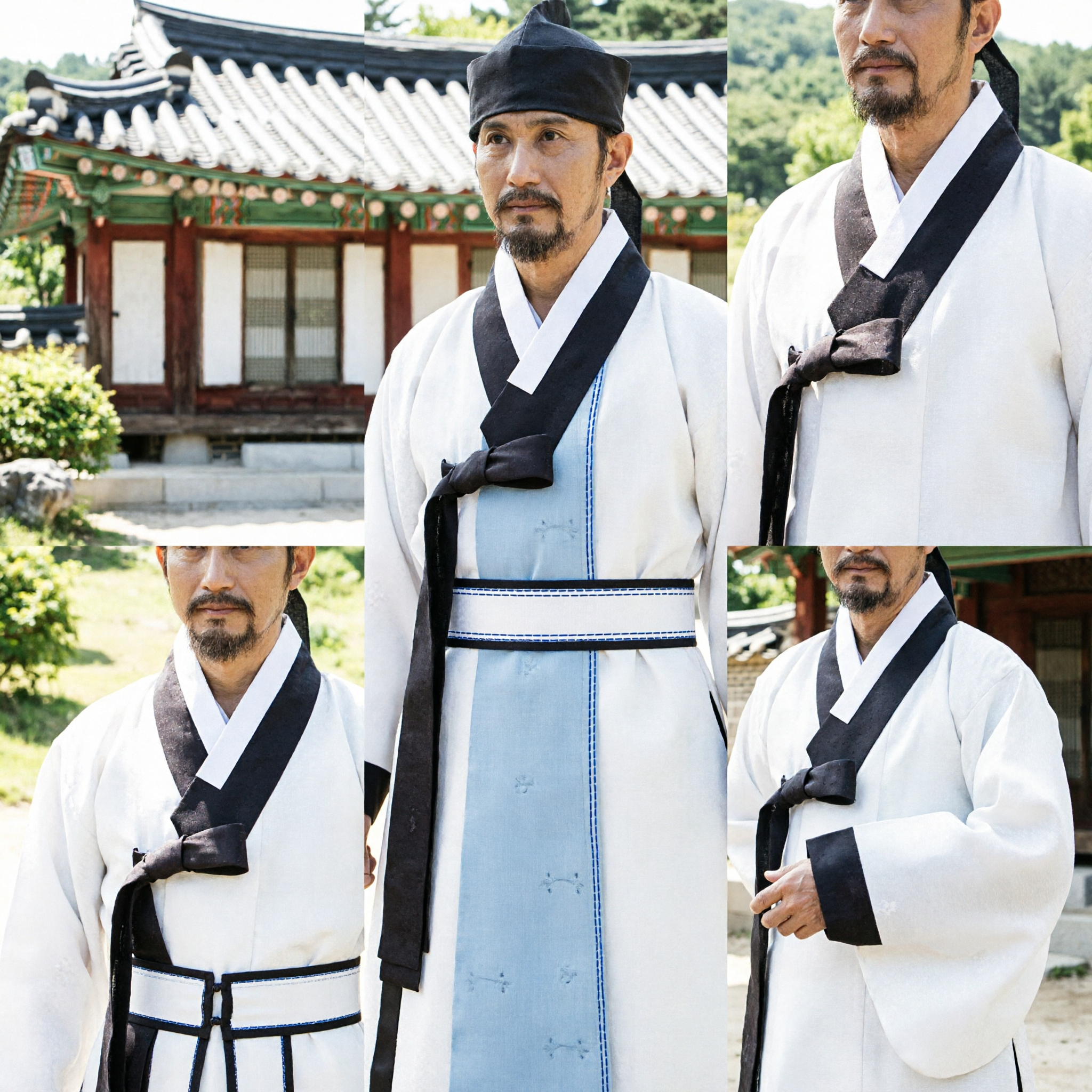 Traditionelles koreanisches Hanbok, weiße Dopo-Robe für Männer mit schwarzer Verzierung, Gelehrtenkostüm für Hochzeitszeremonie - Asian Costume