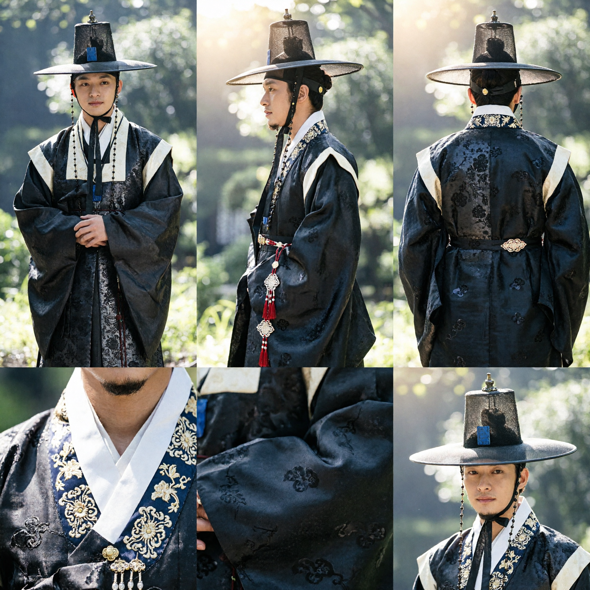 Traditionelles koreanisches Hanbok für Männer, schwarze Gelehrtenrobe und Gat-Hut-Set für Hochzeit oder Cosplay - Asian Costume