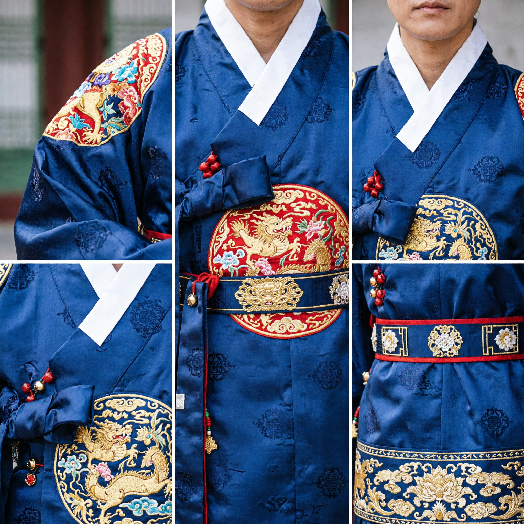 مجموعة هانبوك كوري تقليدي ملكي للعريس، ملابس احتفالية سوداء وحمراء للزفاف للرجال - Asian Costume