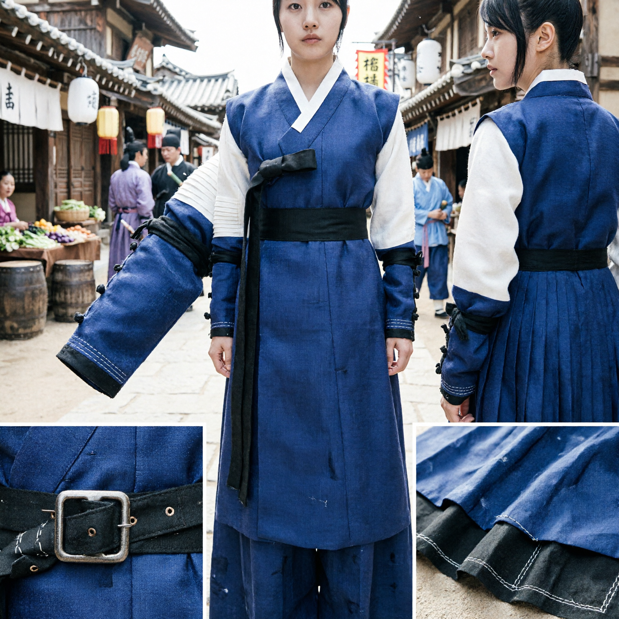 Costume traditionnel coréen de guerrière Hanbok, tenue d'épéiste bleue et noire pour femme pour cosplay de drame historique - Asian Costume