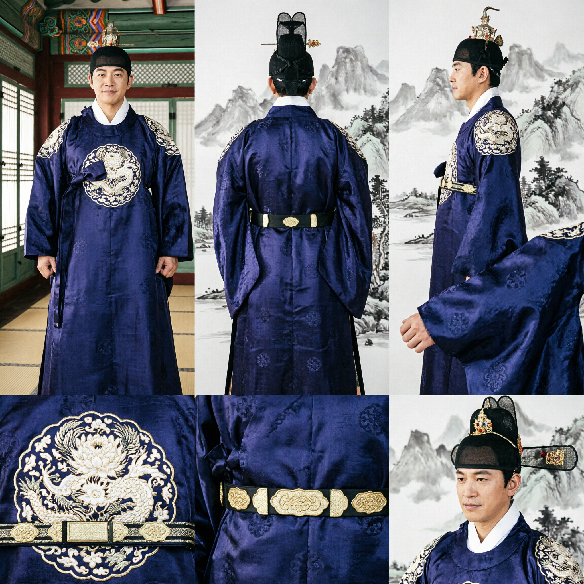 Traditionelles koreanisches Hanbok-Königskostüm für Männer, dunkelblaue Joseon-Dynastie-Drachenrobe für historisches Drama - Asian Costume