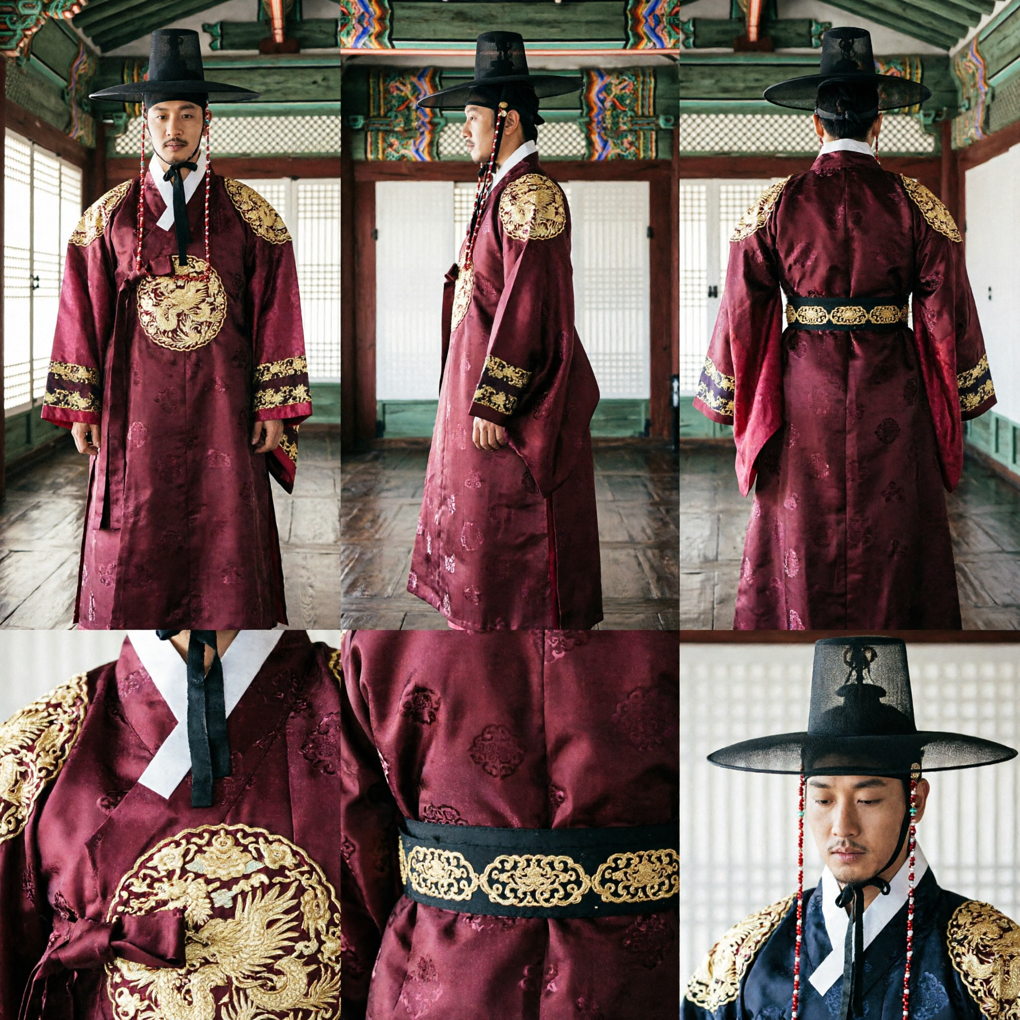 Traditionelles koreanisches Hanbok für Männer, rote Amtstracht mit schwarzem Gat-Hut für Hochzeit oder historisches Cosplay - Asian Costume