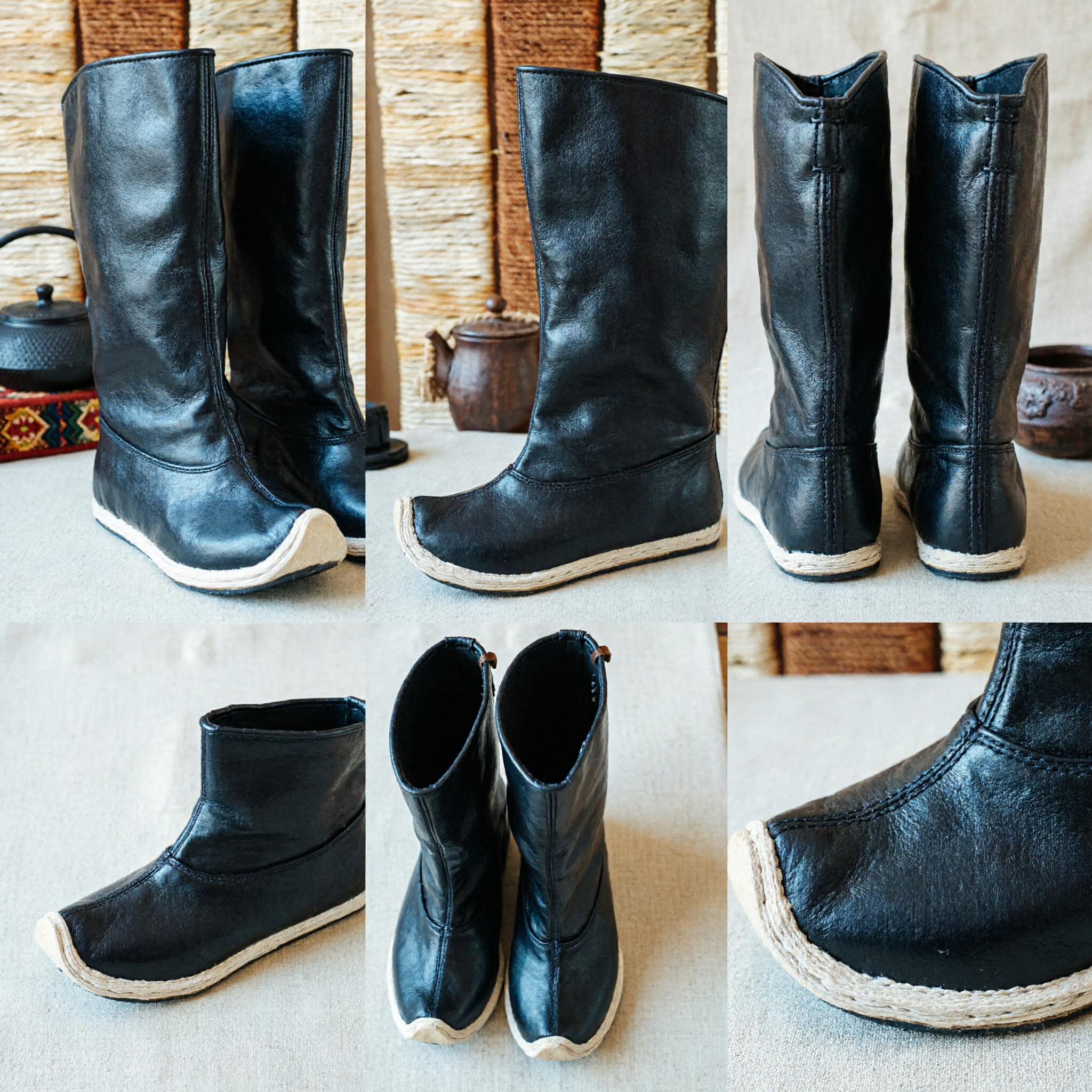 Traditionele Chinese Zwarte Leren Laarzen Oude Strijder Mongoolse Stijl Kung Fu Cosplay Kostuum Schoenen voor Mannen - Asian Costume