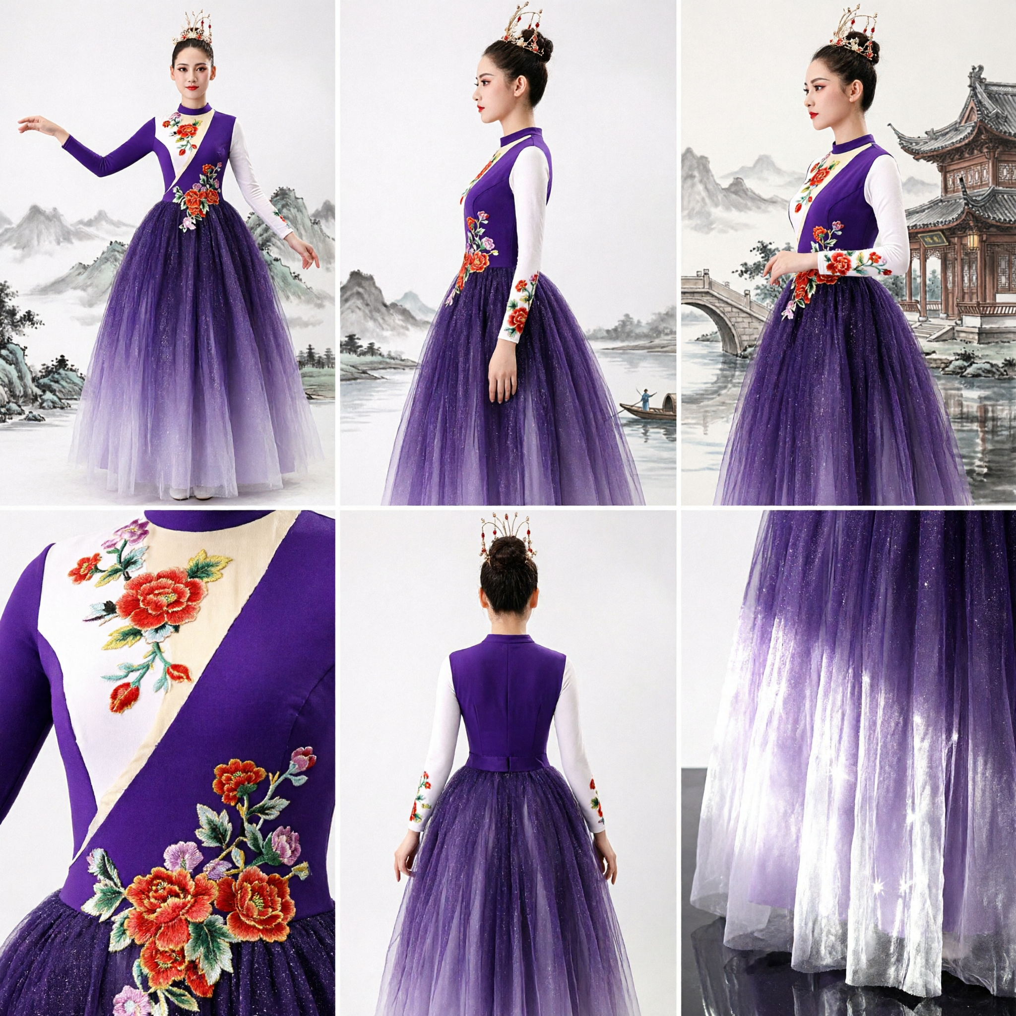 Costume da Danza Folkloristica Cinese per Donne in Viola, Corpetto Ricamato Floreale, Gonna in Tulle Sfumata, Abito per Spettacoli - Asian Costume