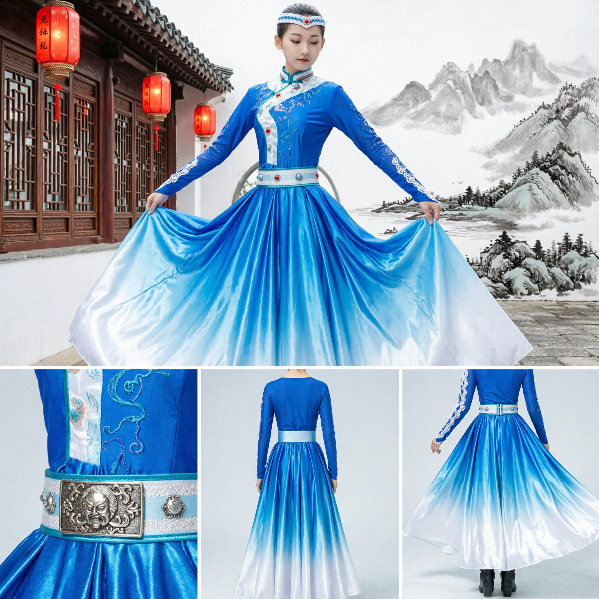 Traje de Dança Mongol Azul Tradicional para Mulheres, Vestido Étnico Folclórico, Conjunto para Performance no Palco com Adorno de Cabeça - Asian Costume