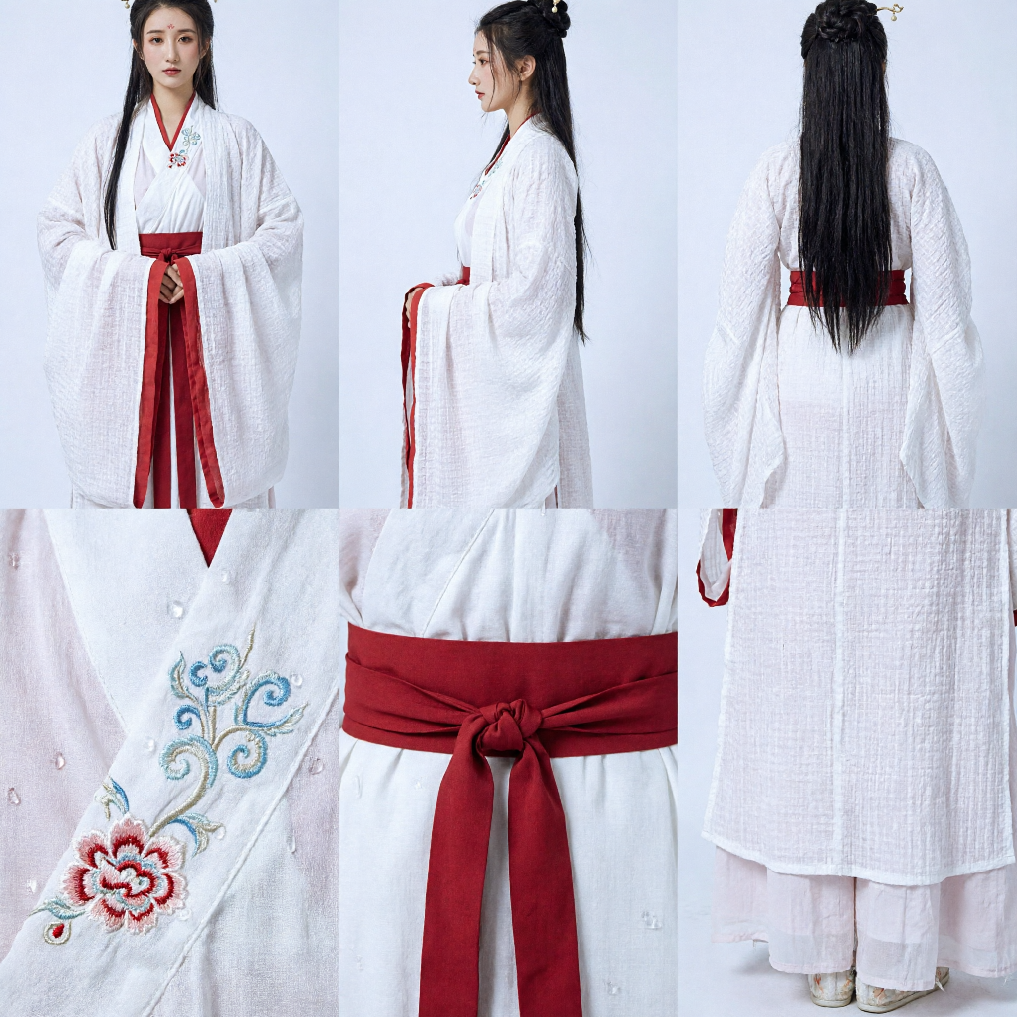 Hanfu Bianco Elegante, Costume Antico Tradizionale Cinese con Fascia Rossa, Vestito Storico per Donne per Cosplay e Spettacoli - Asian Costume