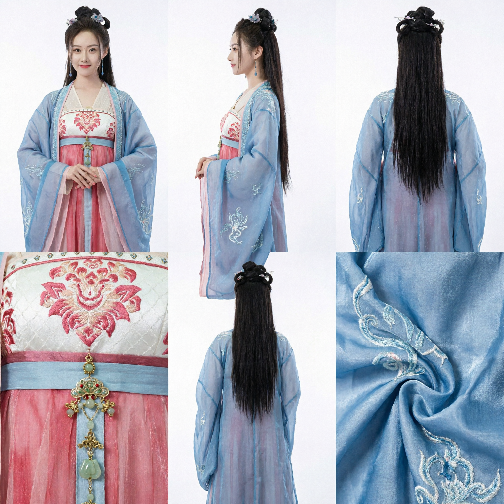 Costume Hanfu dell'Antica Dinastia Tang Cinese, Robe Blu Ricamata e Vestito Rosa per Donne per Cosplay - Asian Costume