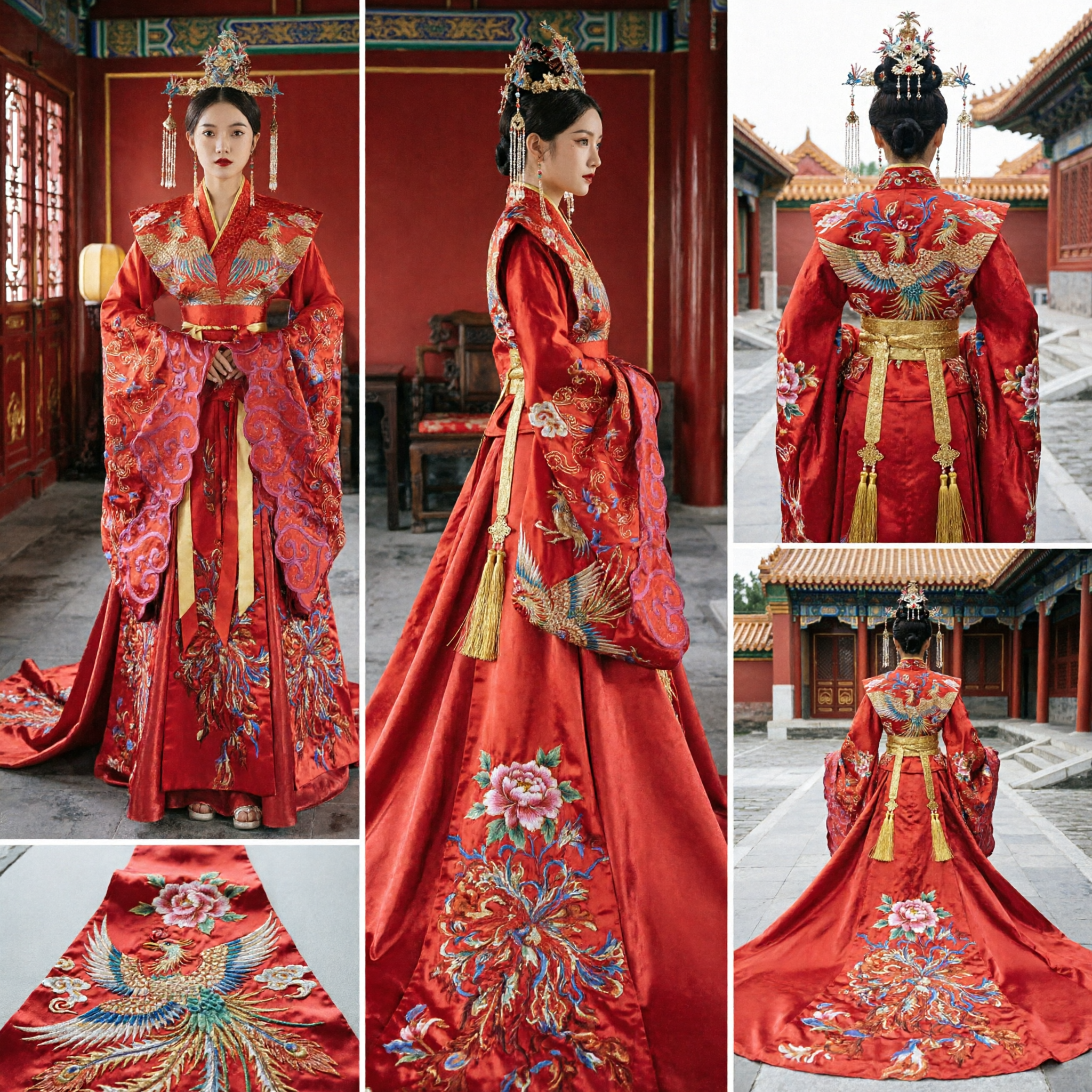 Robe de mariée traditionnelle chinoise ancienne rouge phénix Xiu He Fu Hanfu pour femmes - Asian Costume