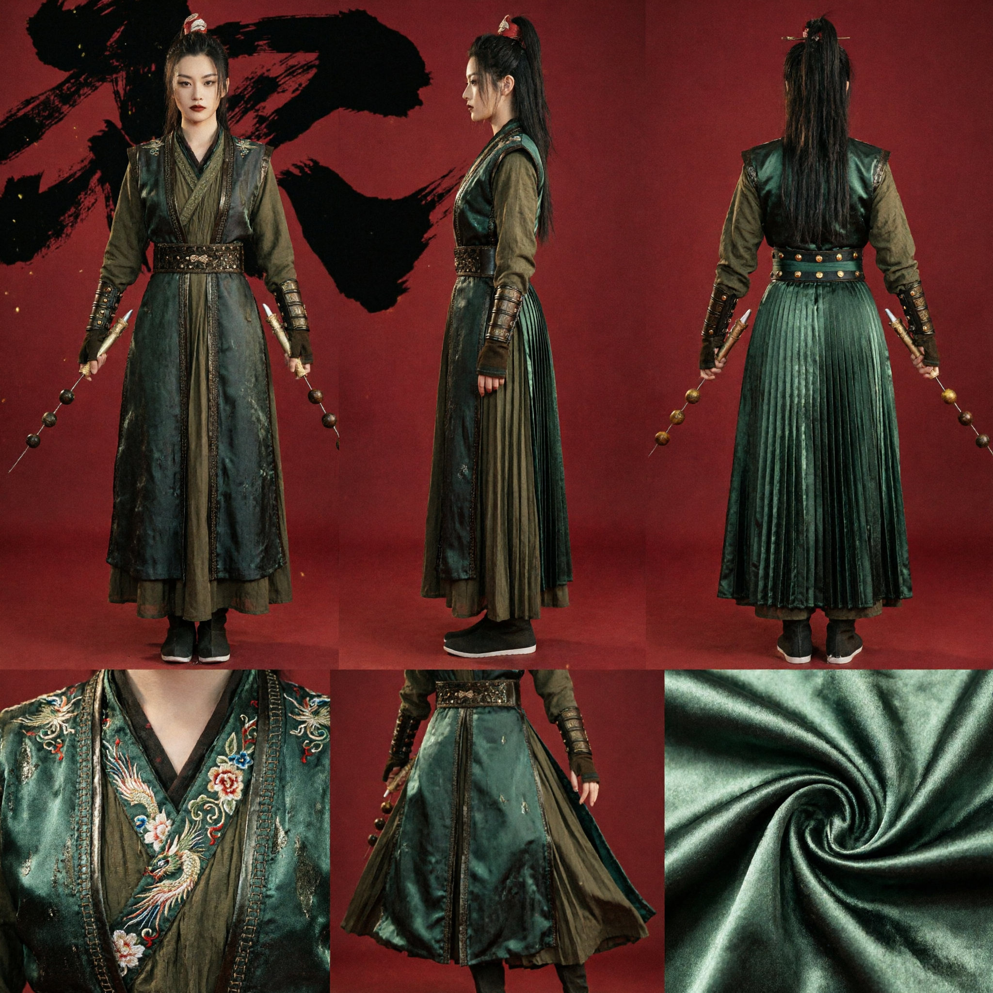 Costume Antico Cinese di Spadaccina Wuxia Abito Hanfu Verde Scuro Outfit da Guerriera Cavaliere Errante per Donne Cosplay - Asian Costume