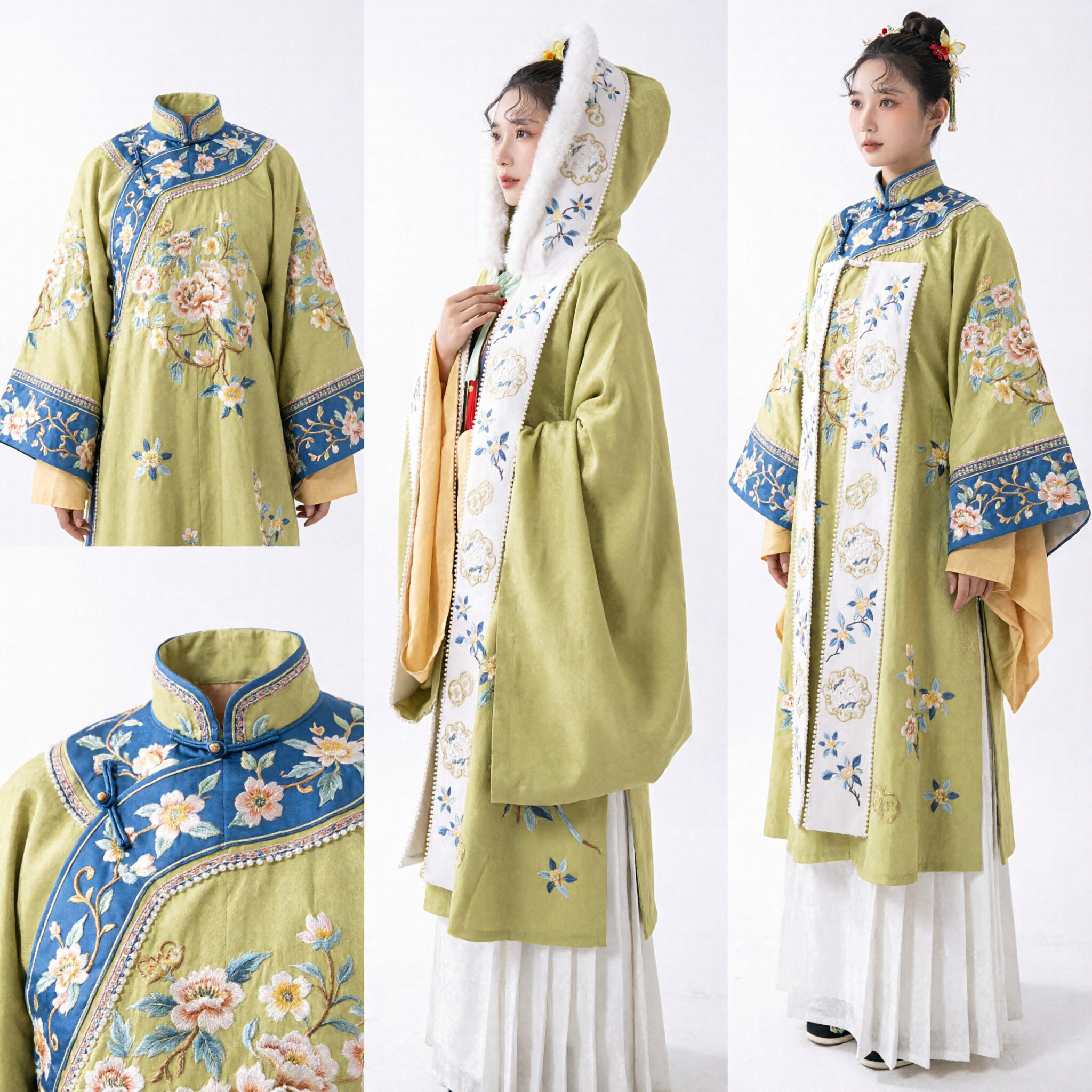 Capa de Inverno Tradicional Chinesa Hanfu para Mulheres Capa com Capuz Verde com Aparas de Pele Branca e Bordado Floral - Asian Costume