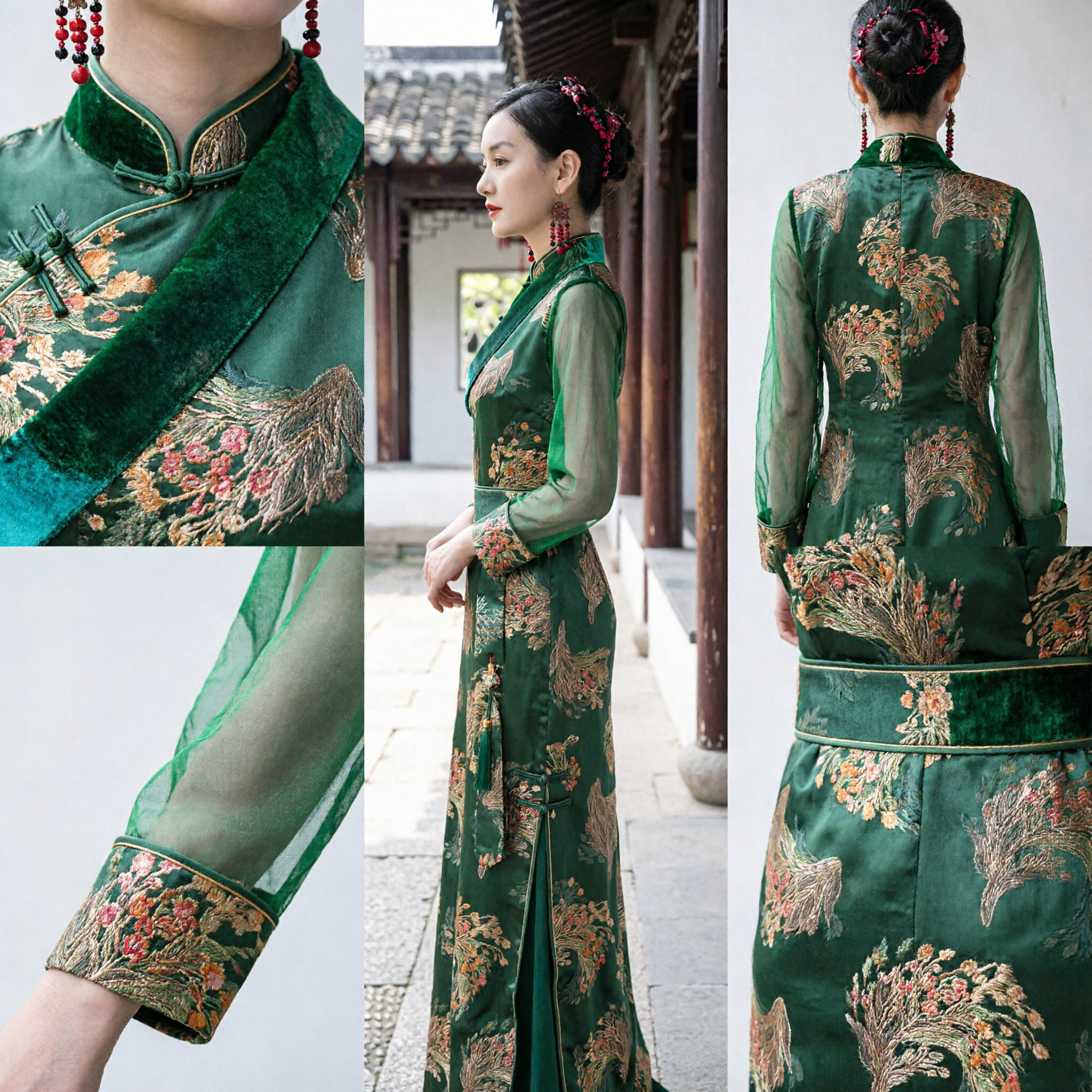 Robe Hanfu traditionnelle chinoise élégante verte avec broderie de phénix doré pour femmes pour occasions formelles - Asian Costume