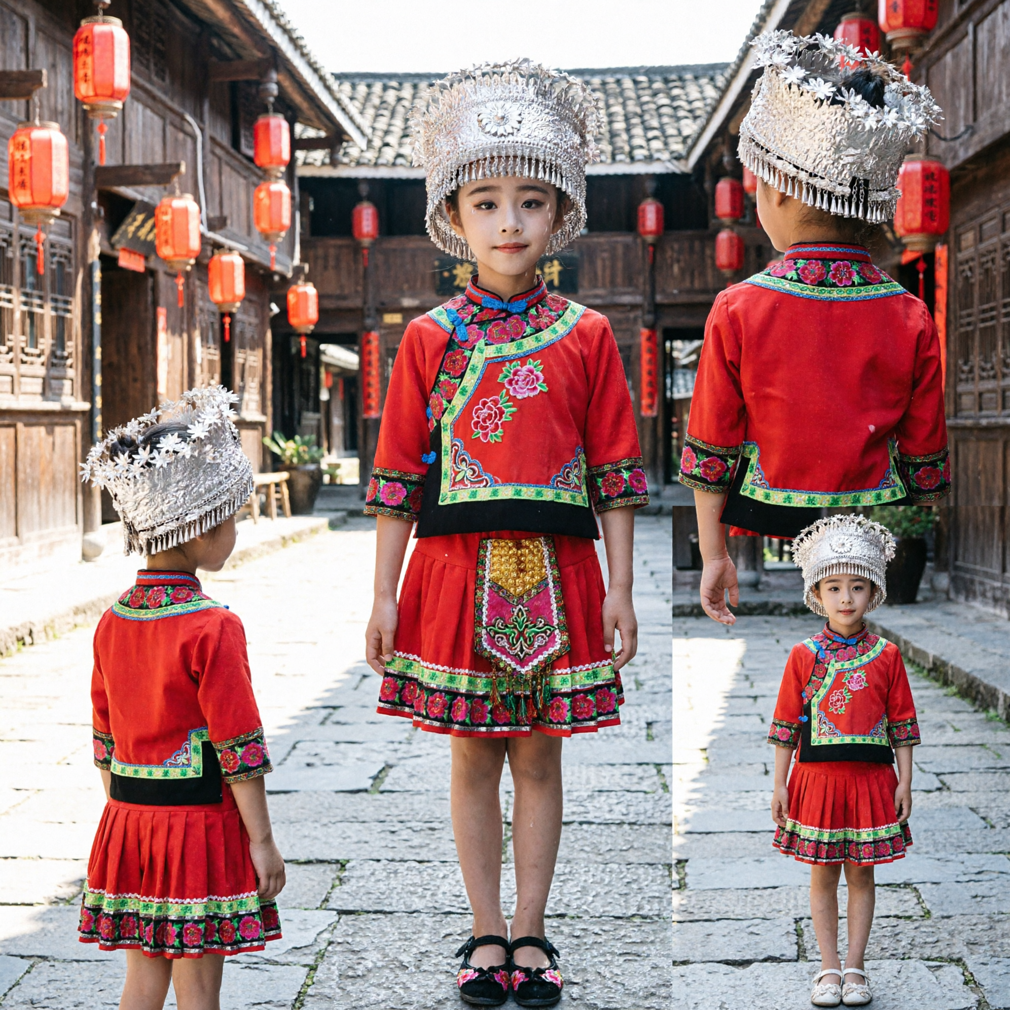 Traje Étnico Tradicional Chino Miao para Niñas Vestido Rojo de Danza Folclórica Bordado Atuendo para Actuación en Escenario Infantil - Asian Costume