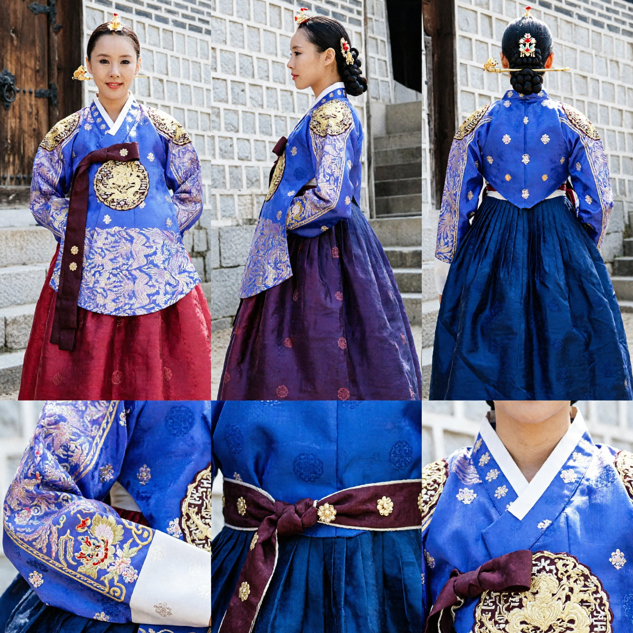 Damski Niebieski Koreański Hanbok Tradycyjny Kostium Pałacowy Królewska Suknia Królowej ze Złotym Haftem - Asian Costume