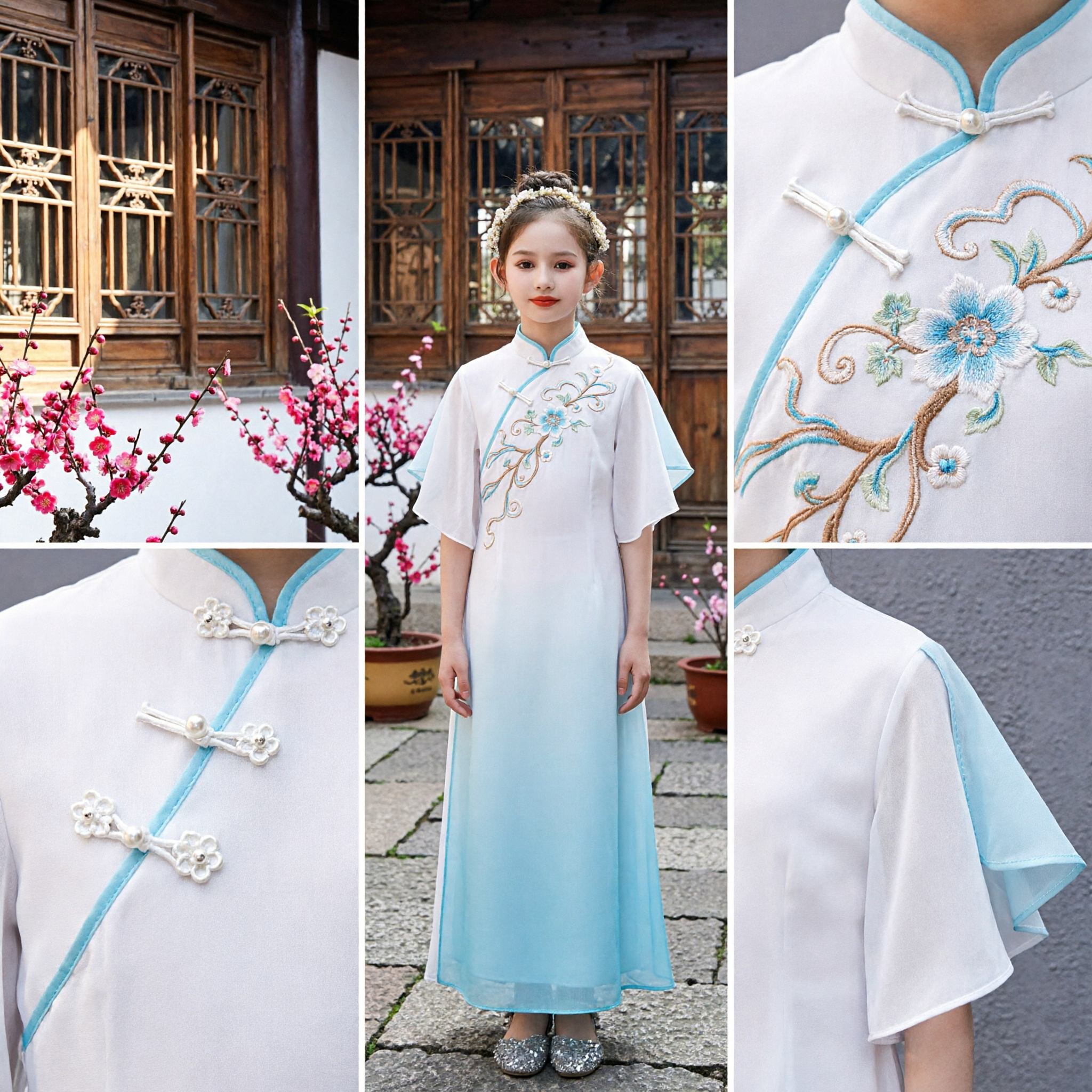 Vestido Hanfu Tradicional Chinês Elegante para Meninas, Traje Qipao em Gradiente Azul e Branco para Performance - Asian Costume