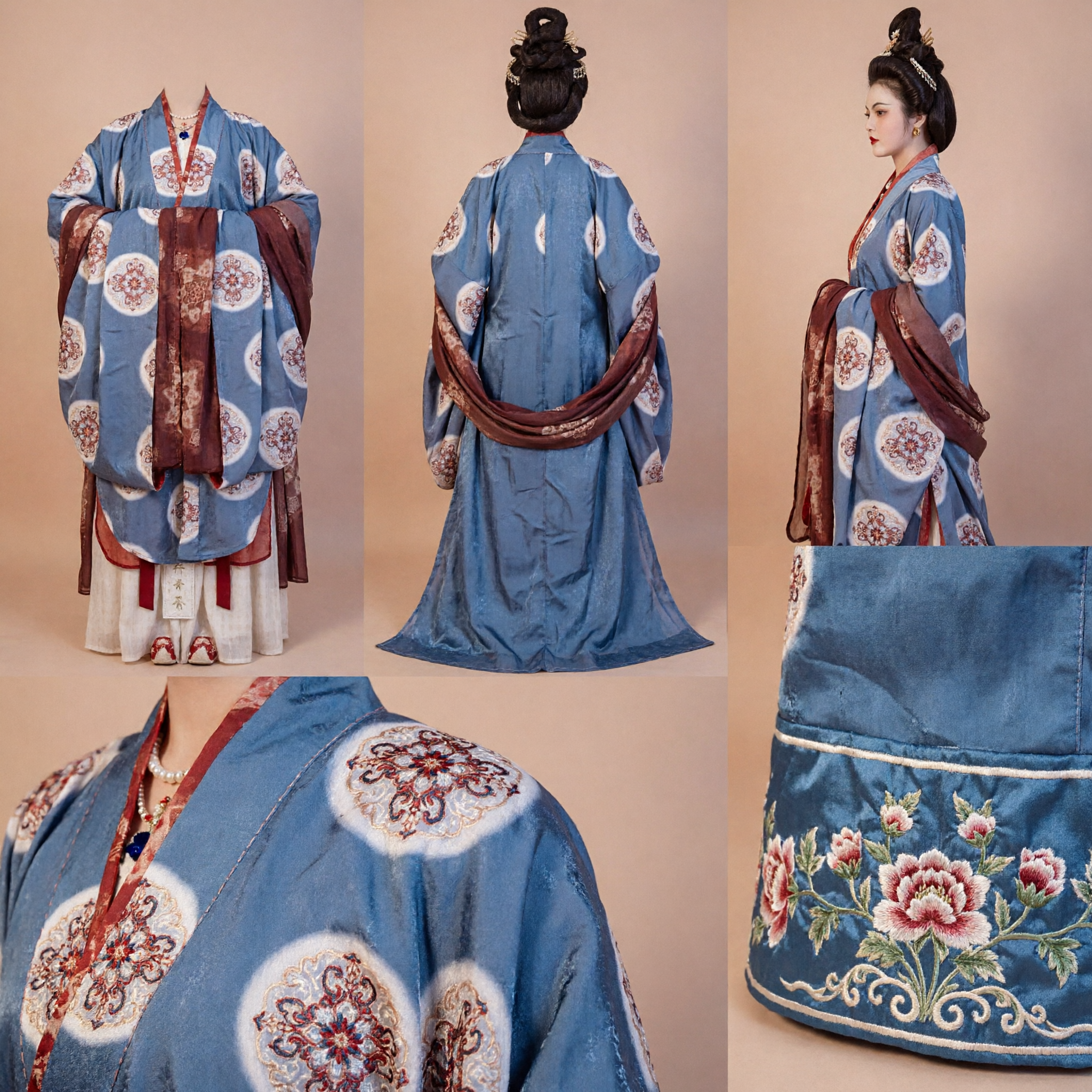 Costume Hanfu de la Dynastie Tang Traditionnel Chinois pour Femmes, Robe Ancienne de Dame du Palais Bleue avec Motifs Floraux - Asian Costume