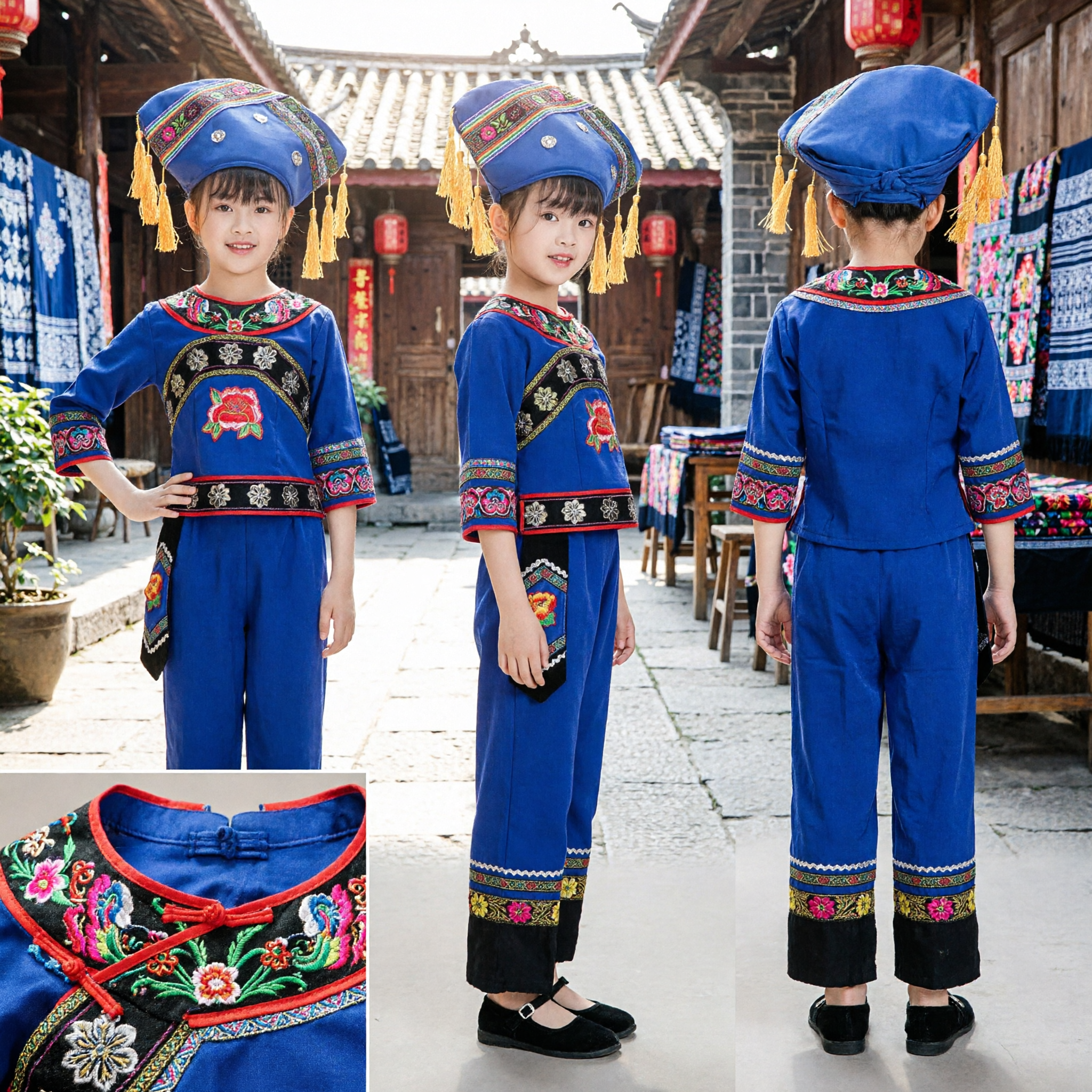 Chinese Traditional Ethnic Minority Blue Folk Dance Costume for Girls Kids Stage Performance Outfit with Hat - Asian Costume