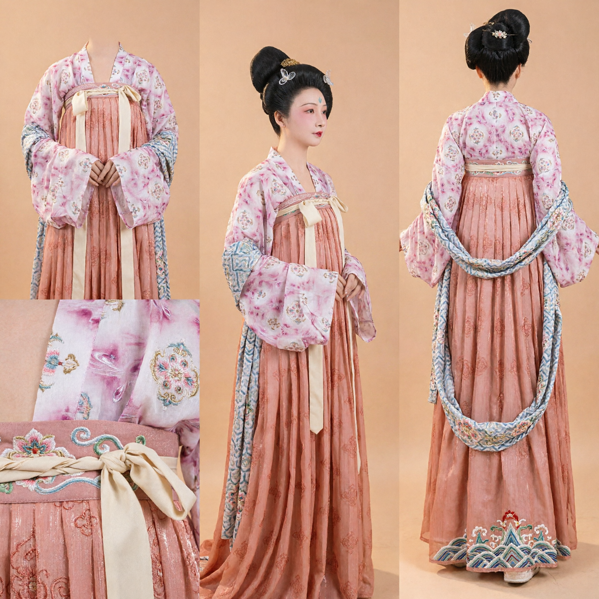 Traje Hanfu da Dinastia Tang Tradicional Chinês, Conjunto de Vestido de Princesa Antigo com Blusa Floral Rosa e Saia Pêssego para Mulheres - Asian Costume