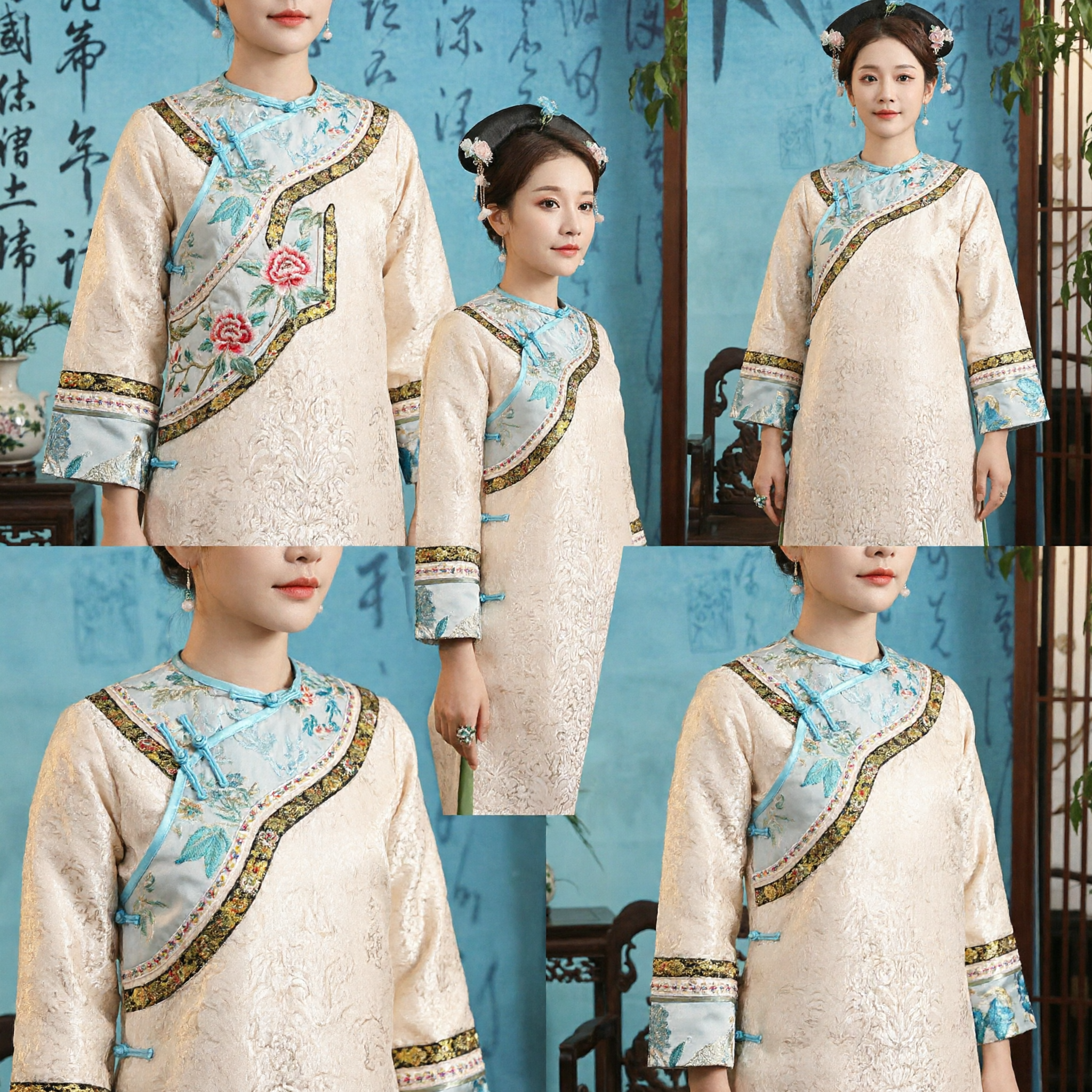 우아한 베이지 청나라 만주 귀부인 로브 전통 중국 고대 복장 여성 역사 코스프레용 - Asian Costume
