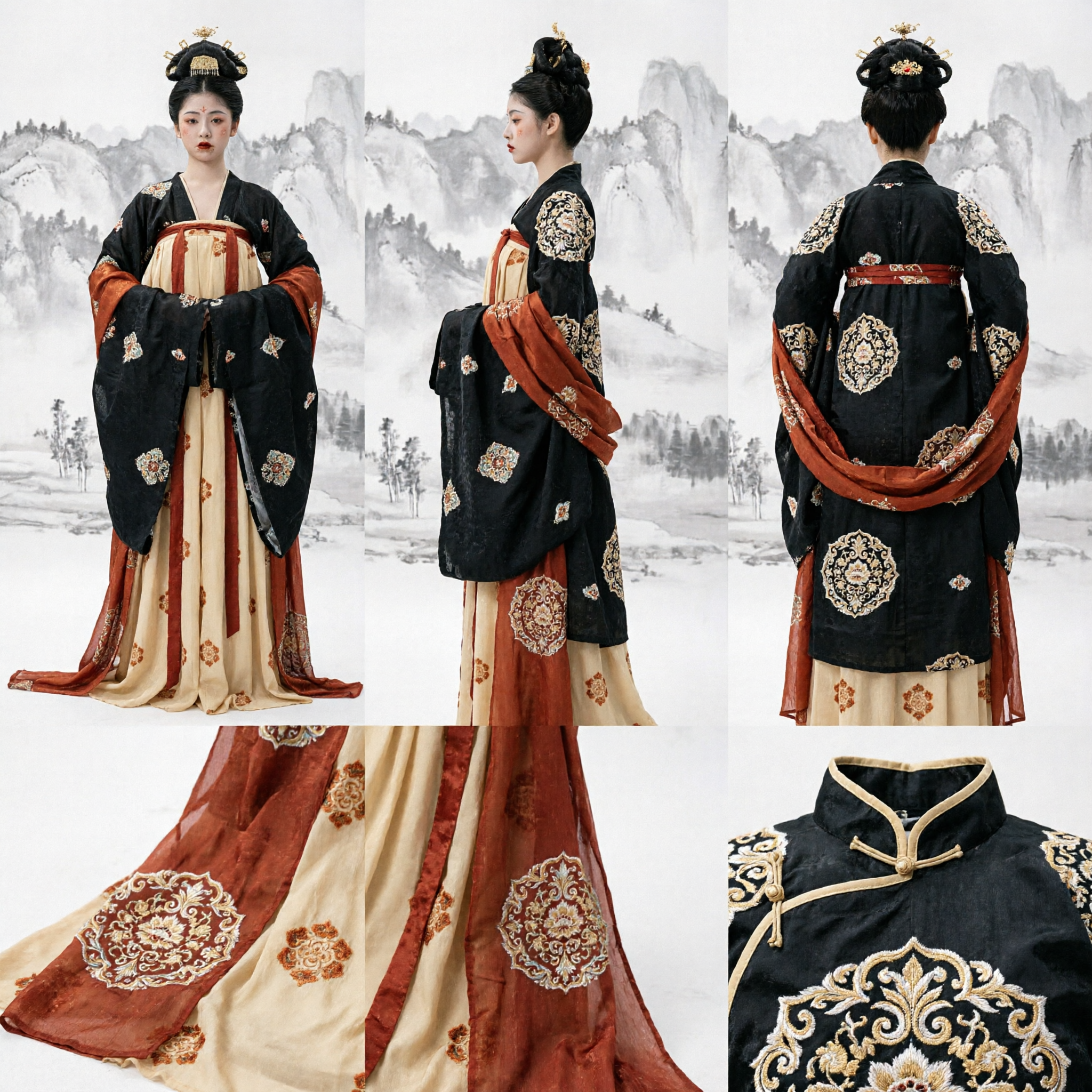 伝統中国唐王朝漢服（Hanfu）コスチューム 女性用古代宮廷婦人黒とベージュドレスセット - Asian Costume