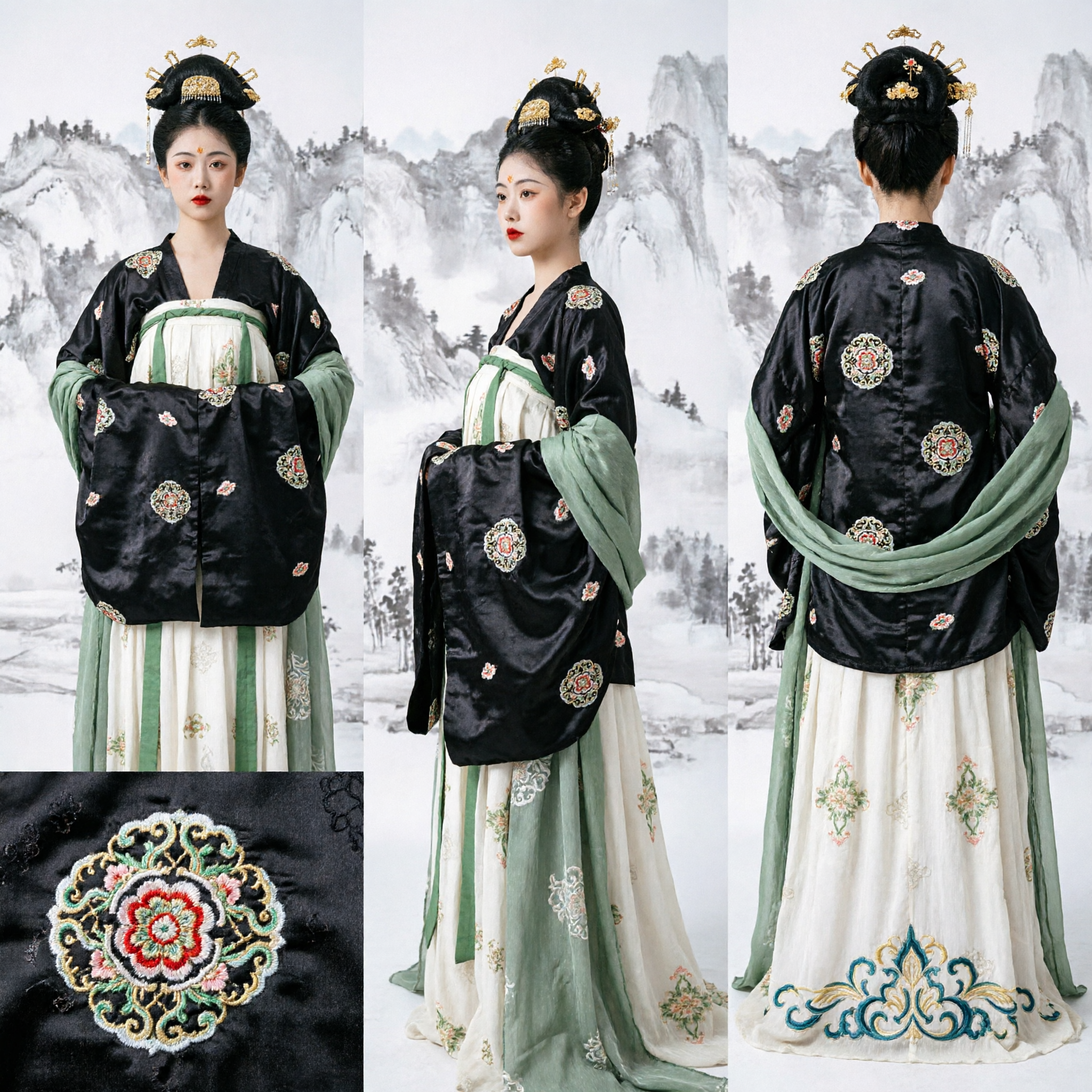 Elegant Tang-dynastie Hanfu-kostuum voor Vrouwen Zwart Bloem Geborduurde Paleisjurk Traditionele Chinese Kleding - Asian Costume