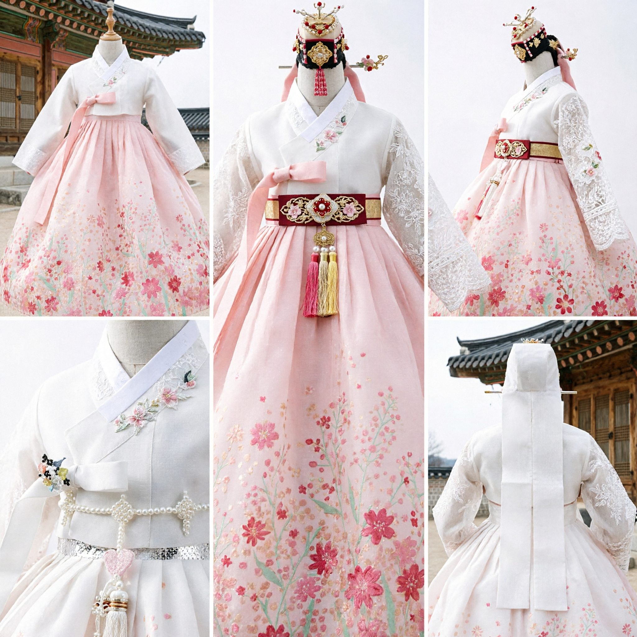 Traditioneel Koreaans Hanbok voor Meisjes Wit Kant Jeogori Roze Bloemen Chima Trouw Verjaardag Kostuum - Asian Costume