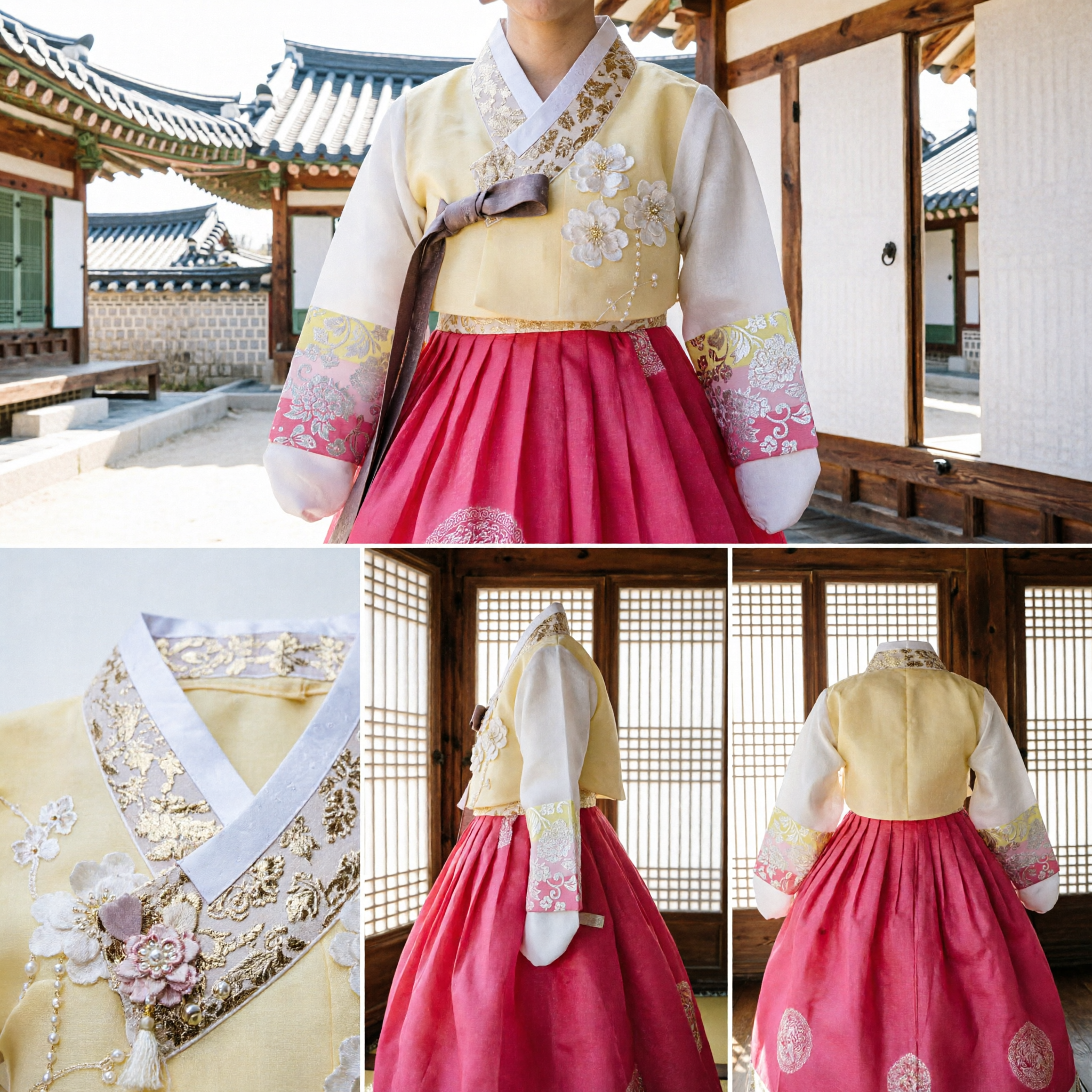 Vestido Hanbok Coreano Tradicional Conjunto Jeogori Amarelo e Chima Rosa com Bordado Floral Traje de Casamento e Aniversário para Mulheres e Meninas - Asian Costume