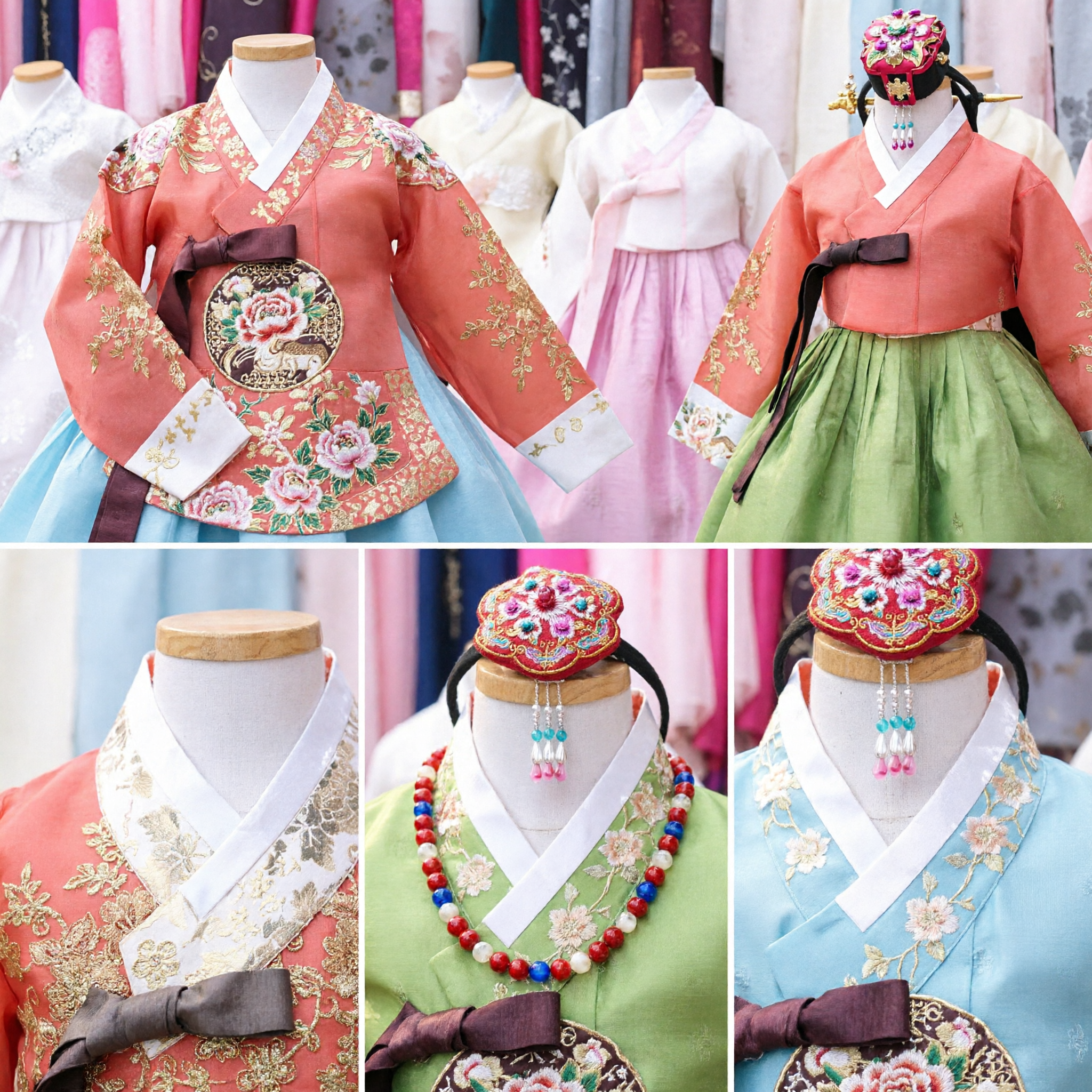 Traditionelles koreanisches Hanbok-Hochzeitskleid für Frauen mit goldbesticktem Jeogori und Brautkopfschmuck-Kostüm - Asian Costume