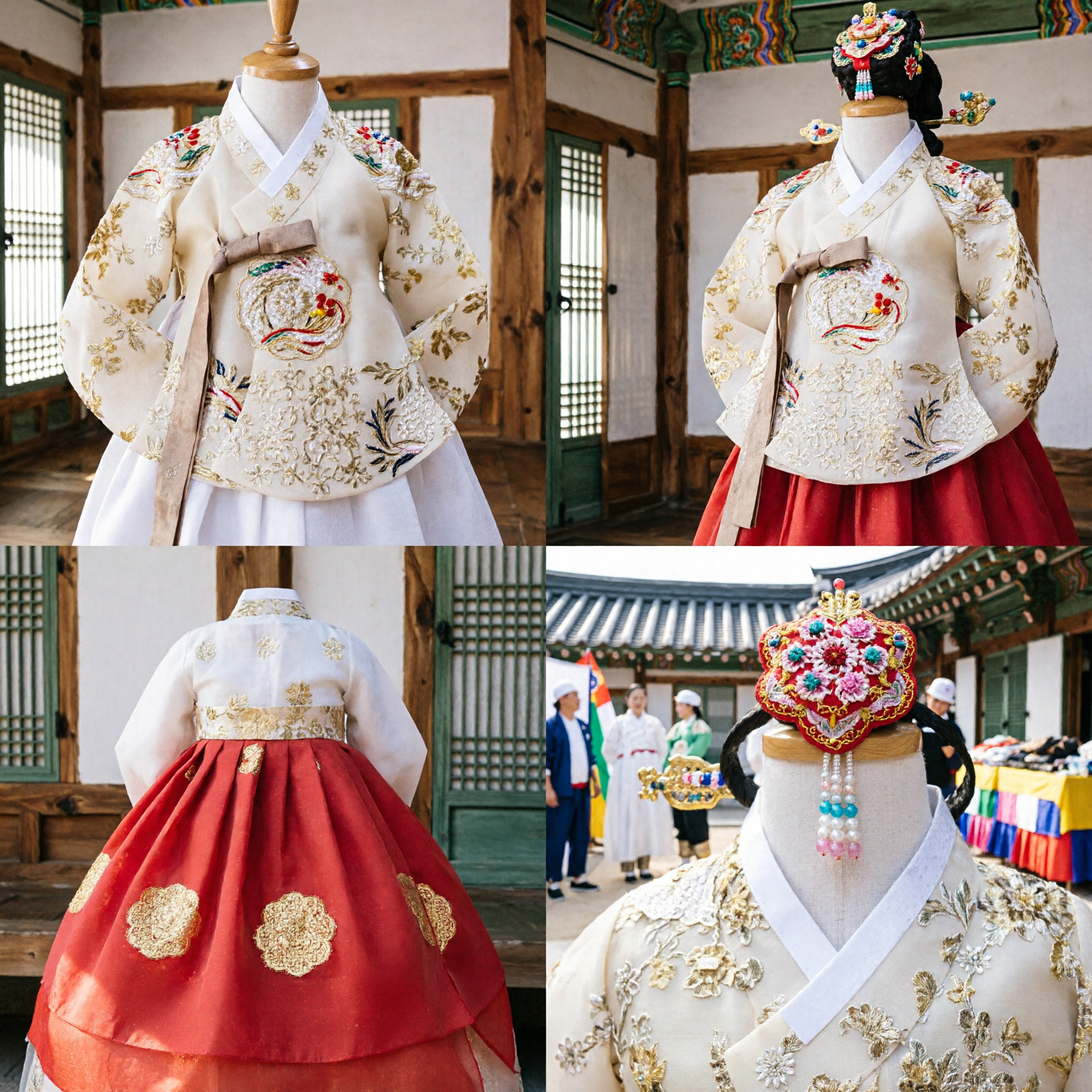 Costume Hanbok coréen traditionnel pour filles - Jeogori crème brodé or et Chima rouge - Pour mariage et fêtes - Asian Costume