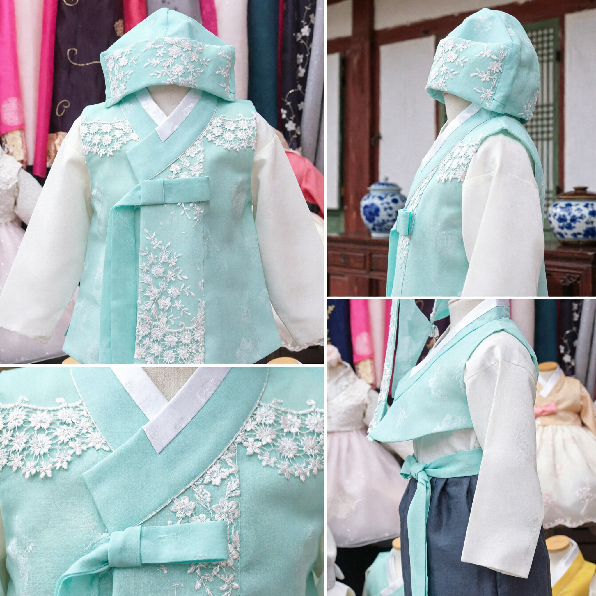 Hanbok coréen traditionnel pour enfants - Ensemble gilet vert menthe brodé - Pour la fête du premier anniversaire des garçons - Asian Costume