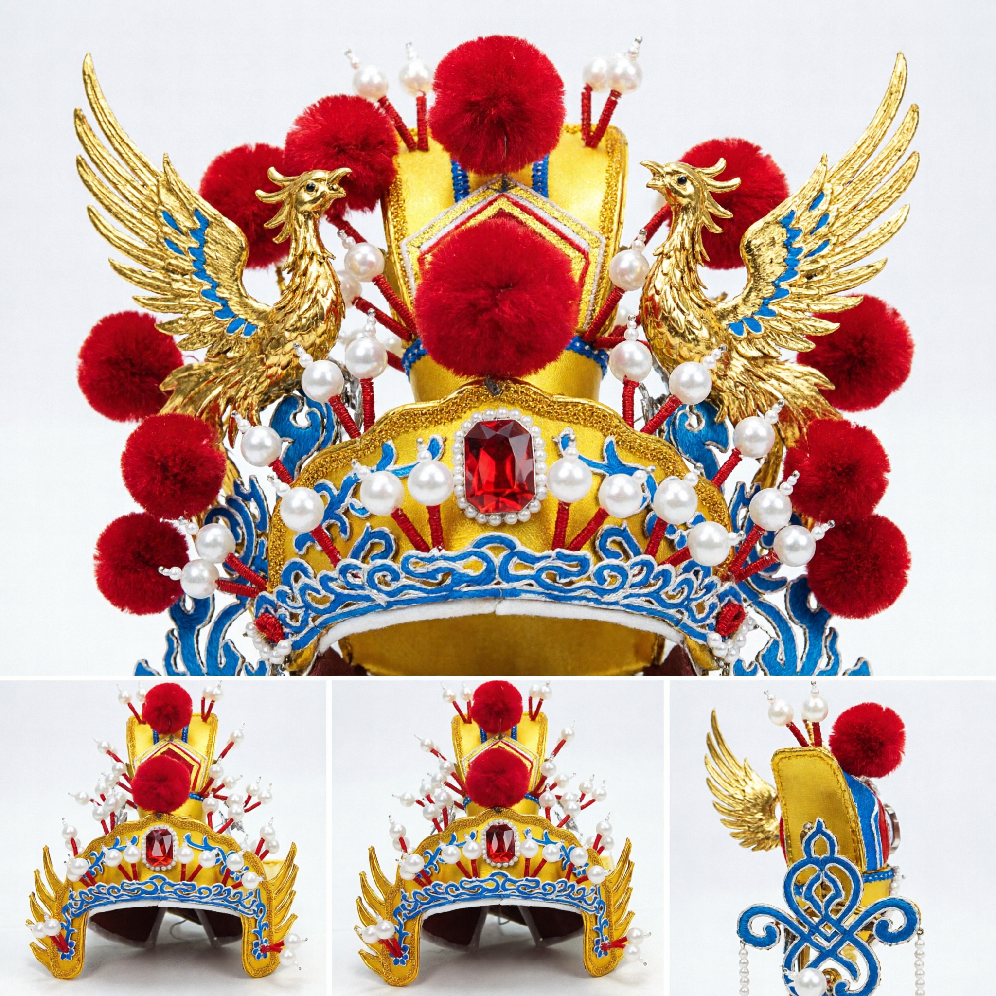 Corona Dorada Tradicional de la Ópera de Pekín con Pompones Rojos y Perlas para Actuaciones en Escenario - Asian Costume