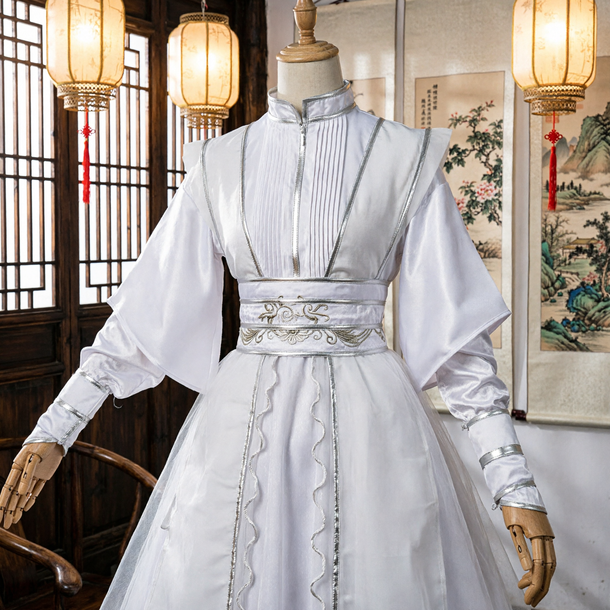 Traditioneel Chinese Witte Hanfu Oud Zwaardvechter Kostuum Xianxia Cosplay Outfit voor Mannen Podiumoptredens - Asian Costume