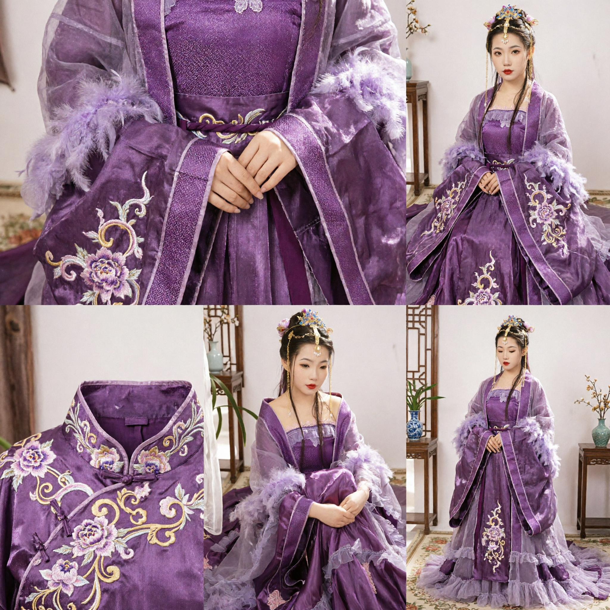 Hanfu chinois élégant violet, costume de princesse de la dynastie Tang, robe ancienne de dame du palais avec manches à plumes - Asian Costume