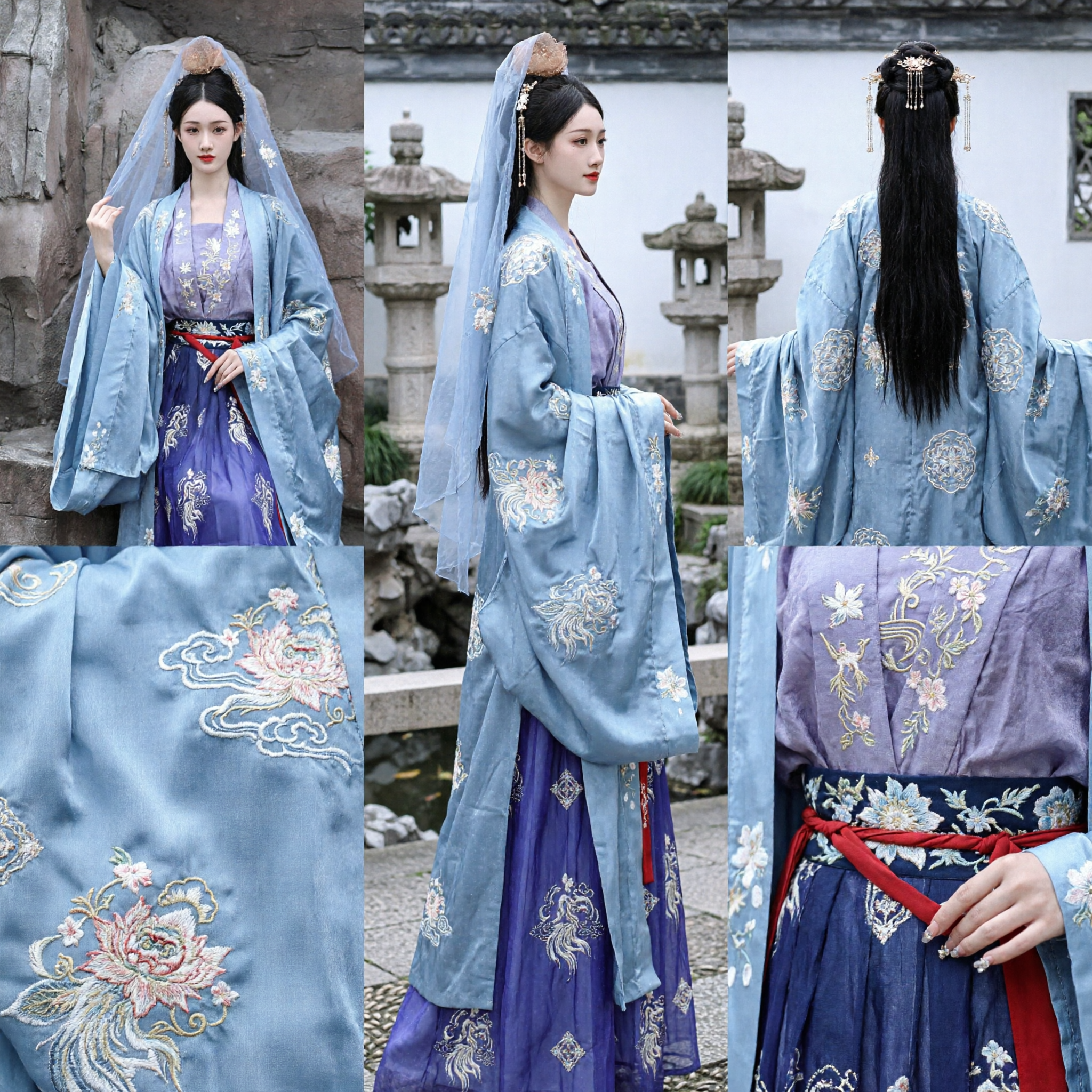 Traditional Chinese Hanfu Blue Ancient Princess Costume Elegant Fairy Dress with Veil for Women - Asian Costume