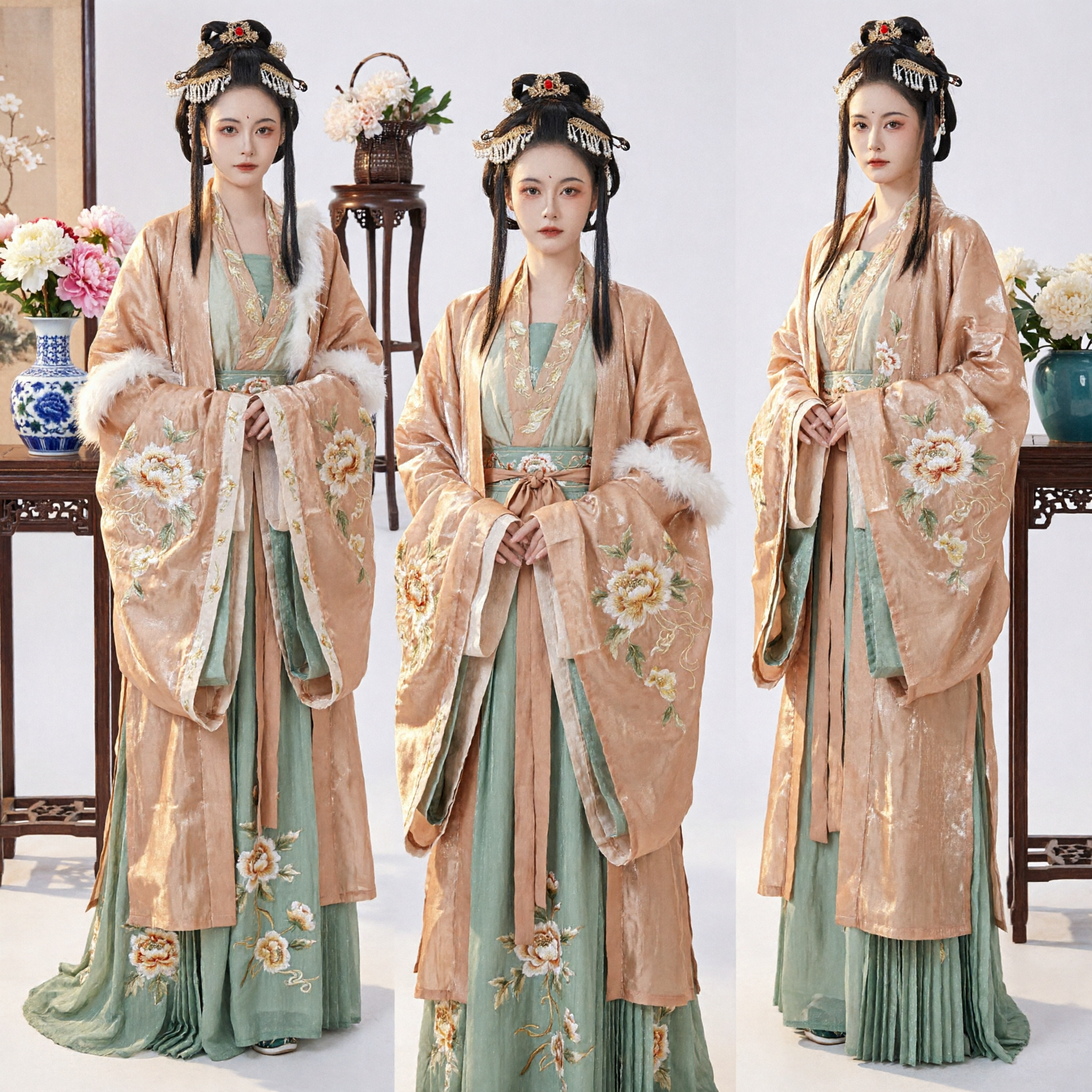 Hanfu tradizionale cinese, costume da nobildonna della dinastia Tang, veste dorata ricamata con bordi in pelliccia per donne - Asian Costume