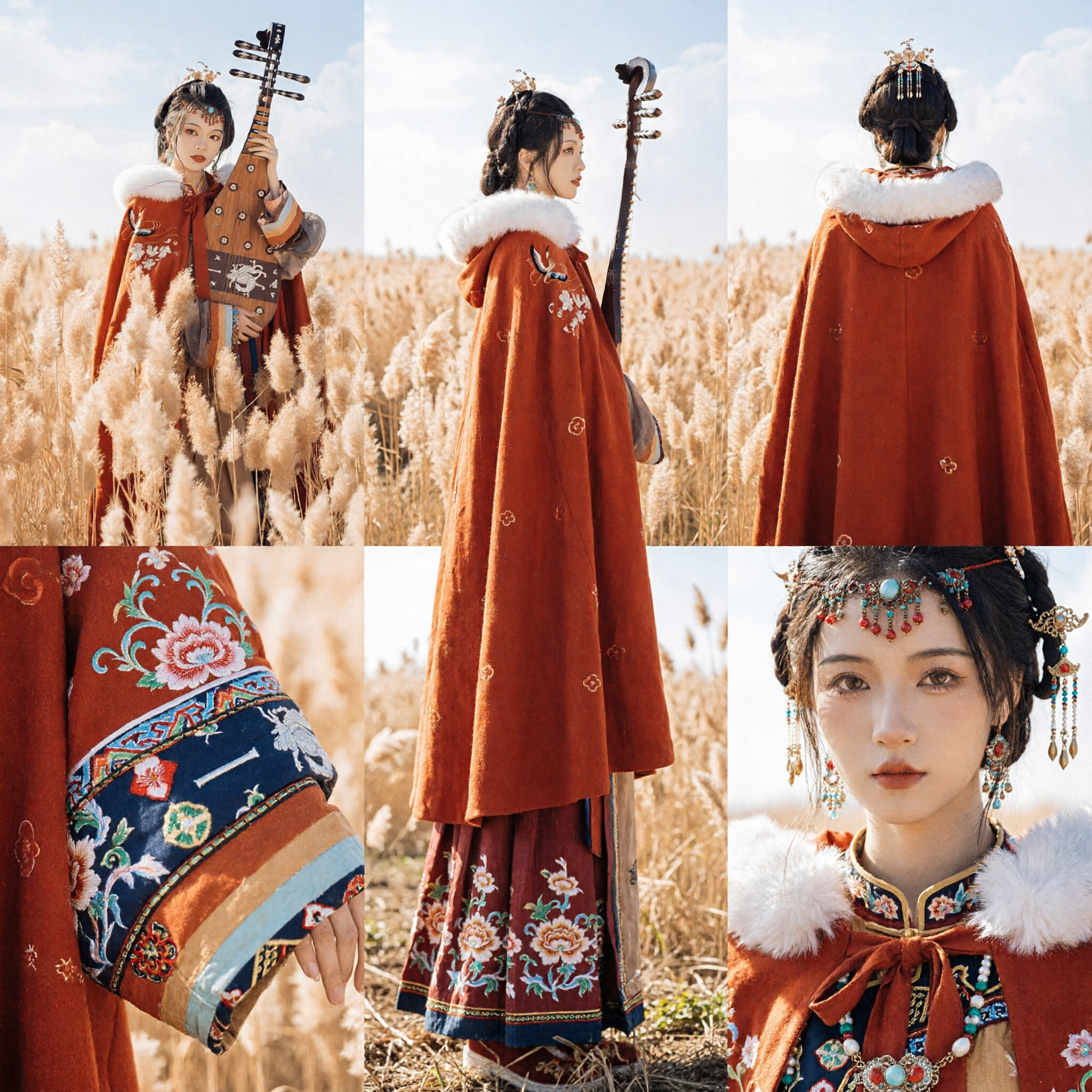 Manto de Inverno Hanfu Tradicional Chinês com Gola de Pele Branca e Bordado Traje Antigo para Fotografia - Asian Costume