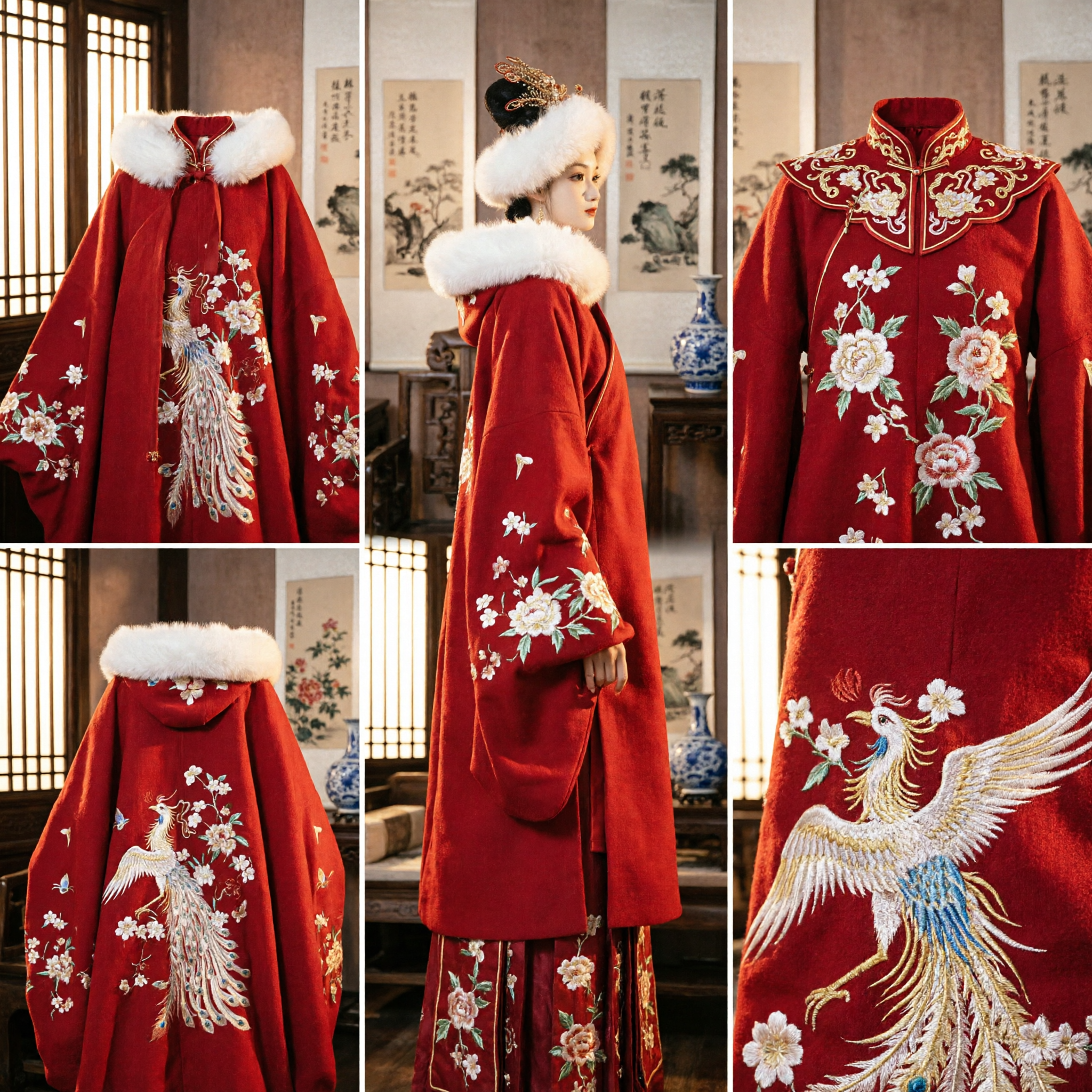 Mantello invernale Hanfu tradizionale cinese rosso con bordi in pelliccia bianca e ricamo di pavone per donne, costume antico - Asian Costume