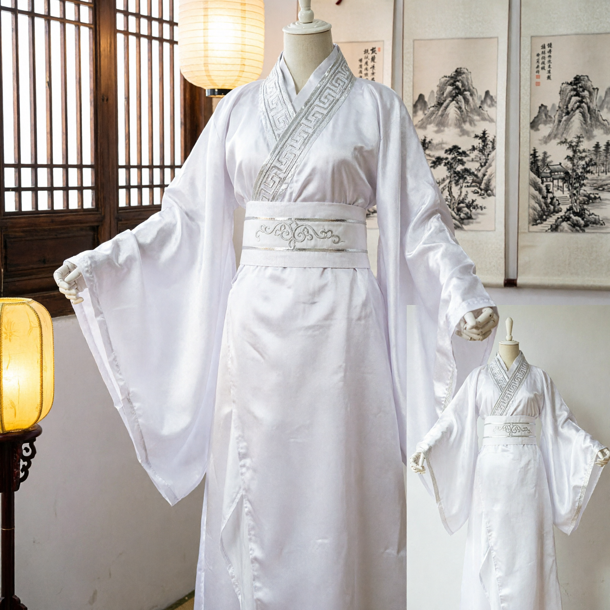 Costume Hanfu blanc traditionnel chinois - Robe de lettré ancienne avec broderie pour cosplay et spectacle masculin - Asian Costume