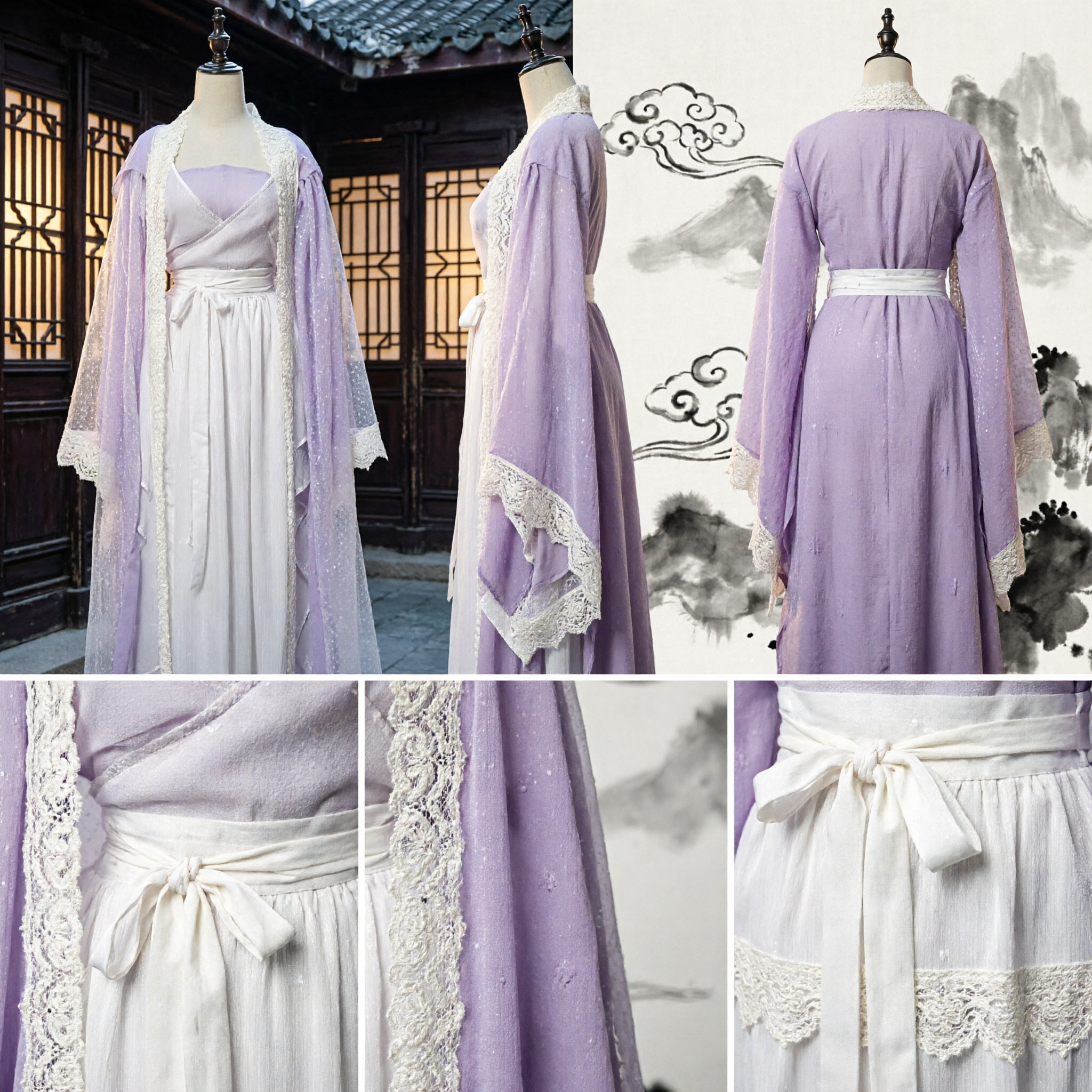 Oud Chinees Hanfu Kostuum Dames Paarse Doorzichtige Mantel Witte Jurken Traditioneel Feeën Cosplay Outfit - Asian Costume