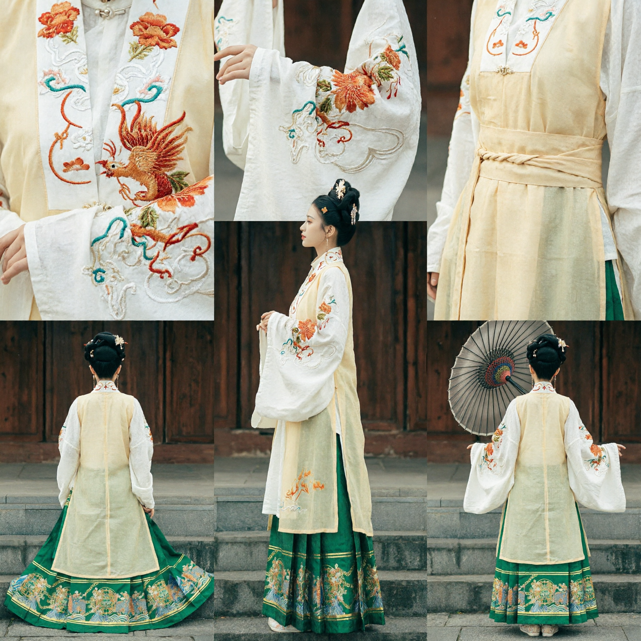 Traditionelles chinesisches Ming-Dynastie Hanfu-Kostüm für Frauen Bestickte gelbe Weste und grüner Rock Historisches Outfit - Asian Costume